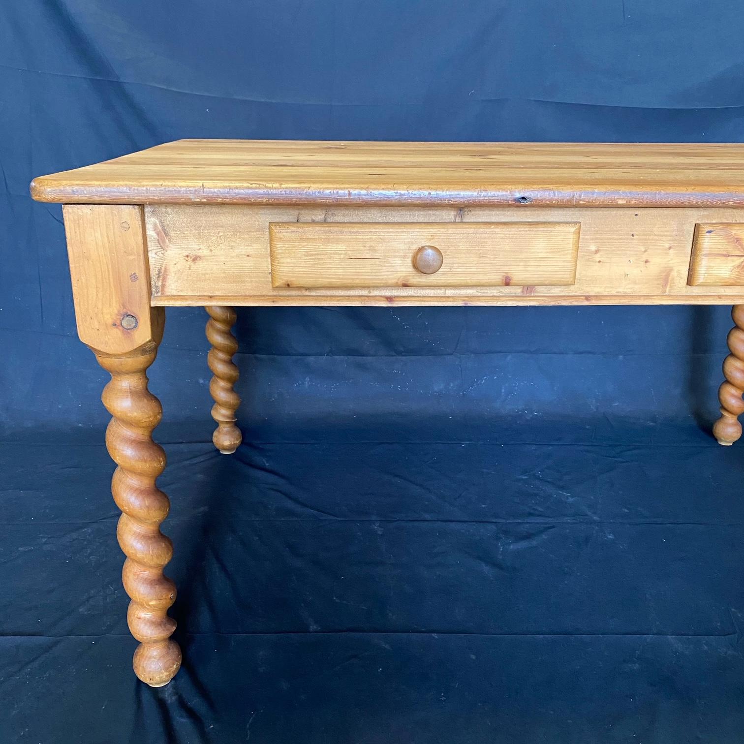 Late 19th Century Charming English Antique Pine Farm Table Kitchen Island with Barley Twist Legs