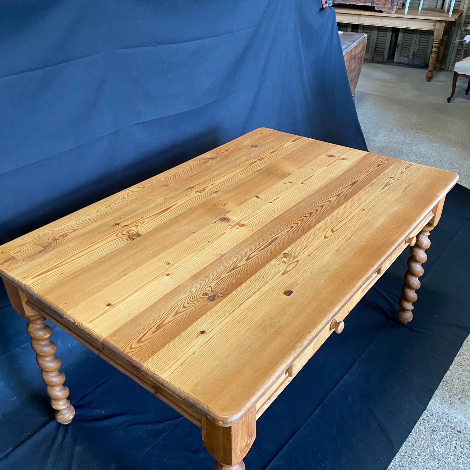 Charming English Antique Pine Farm Table Kitchen Island with Barley Twist Legs 1