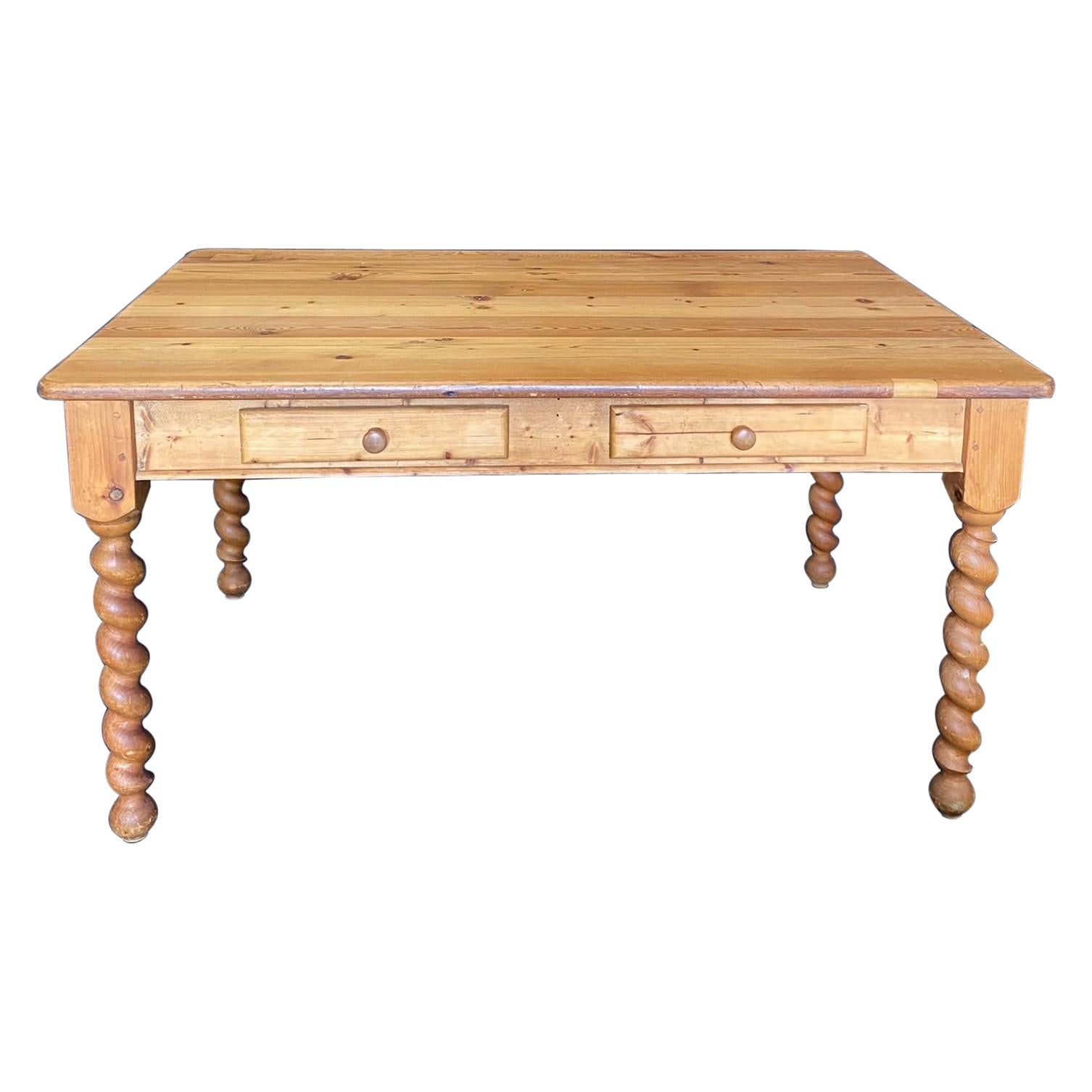 Charming English Antique Pine Farm Table Kitchen Island with Barley Twist Legs