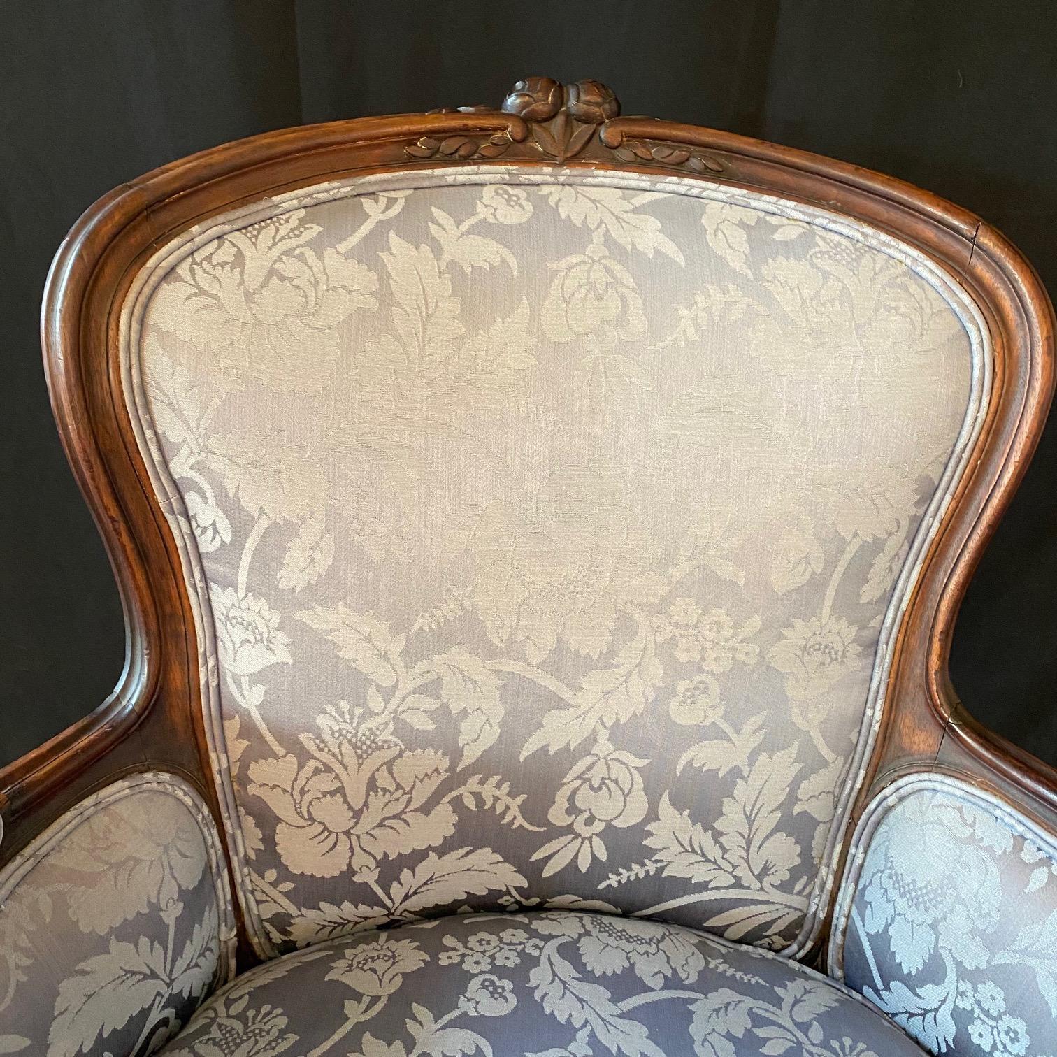 Upholstery Classic Antique French Louis XV Carved Walnut Armchair 