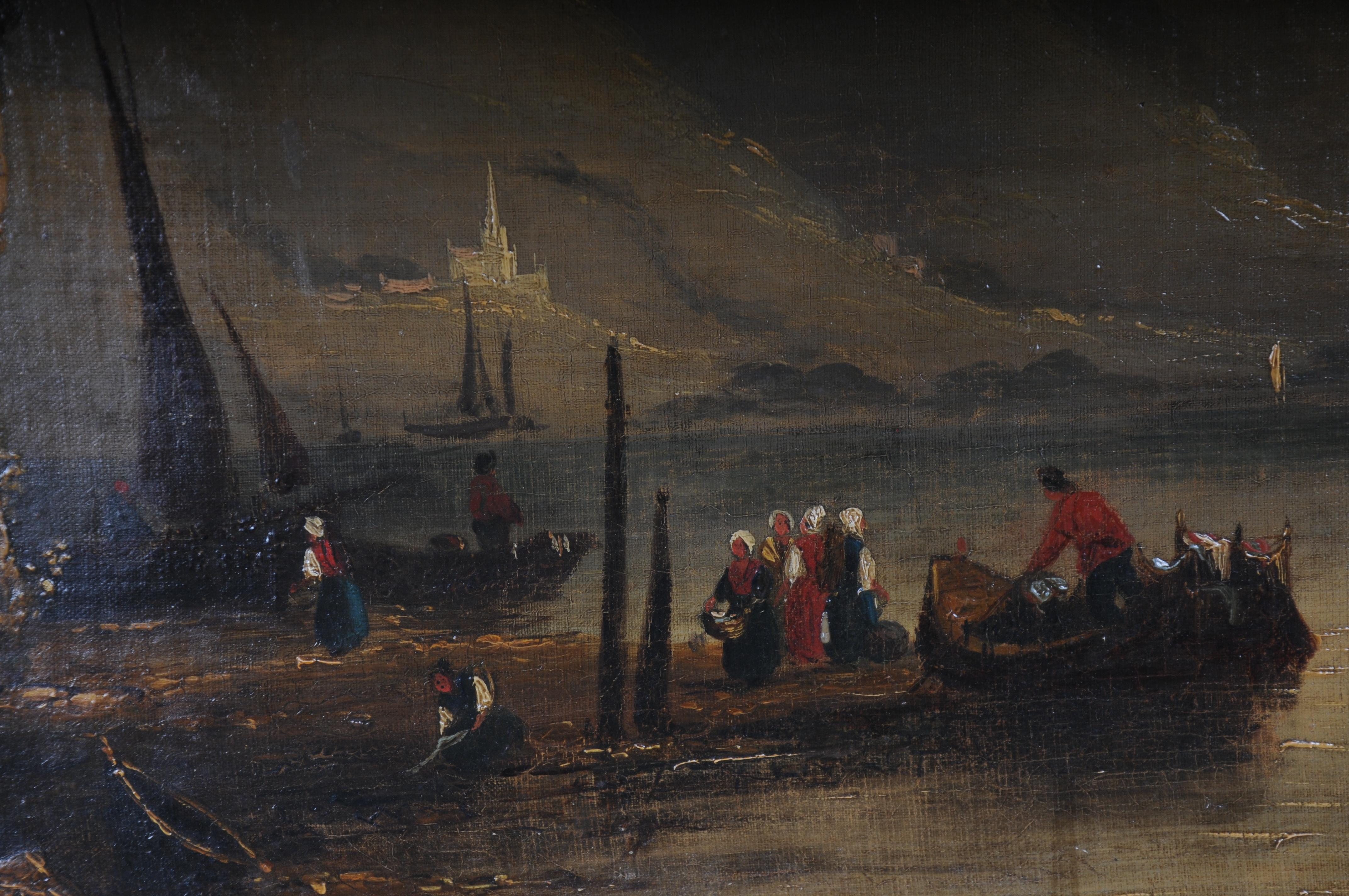 Classic antique French trumeau mirror with harbor landscape with sailing ships For Sale 5
