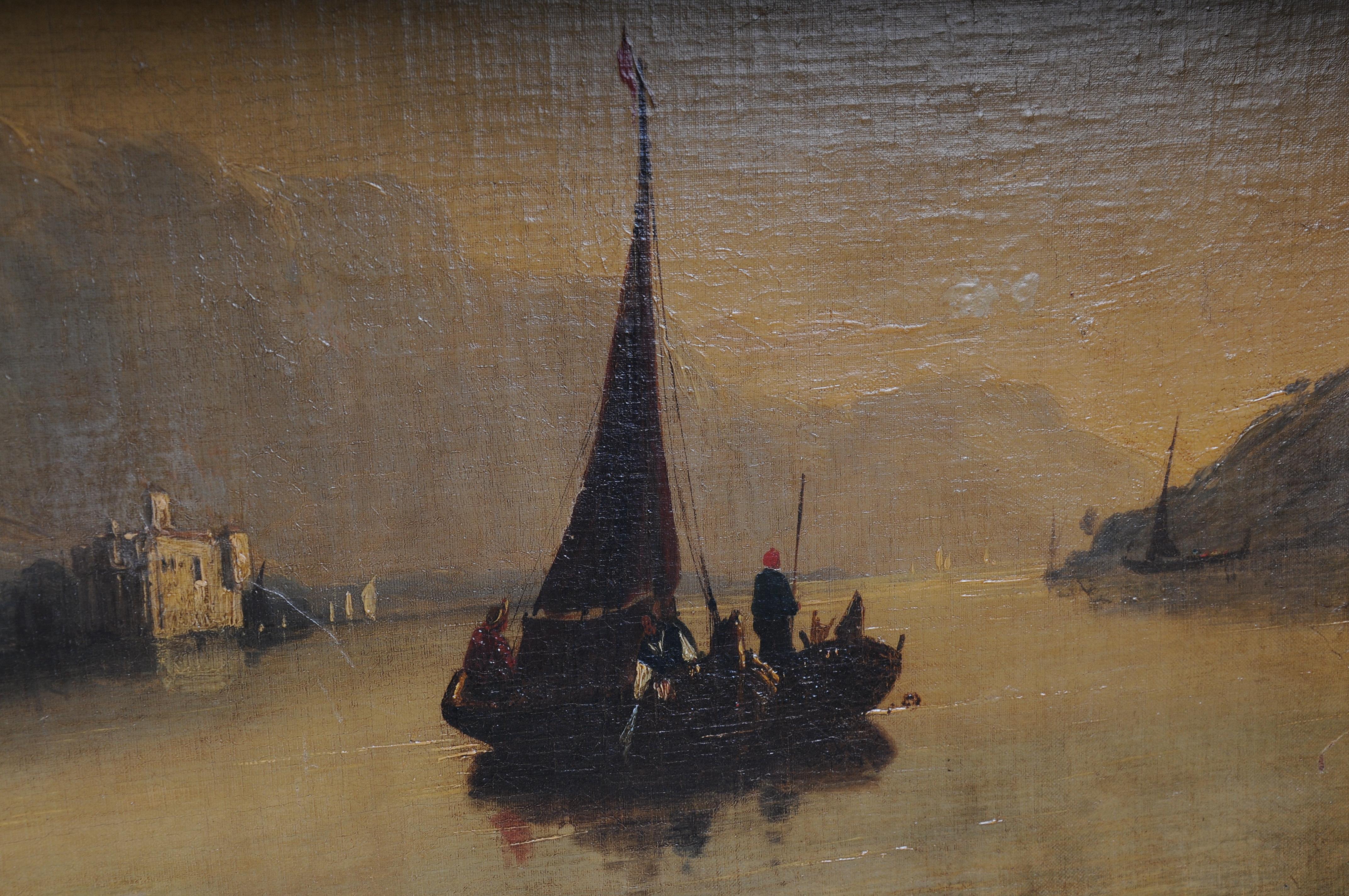 Classic antique French trumeau mirror with harbor landscape with sailing ships For Sale 7