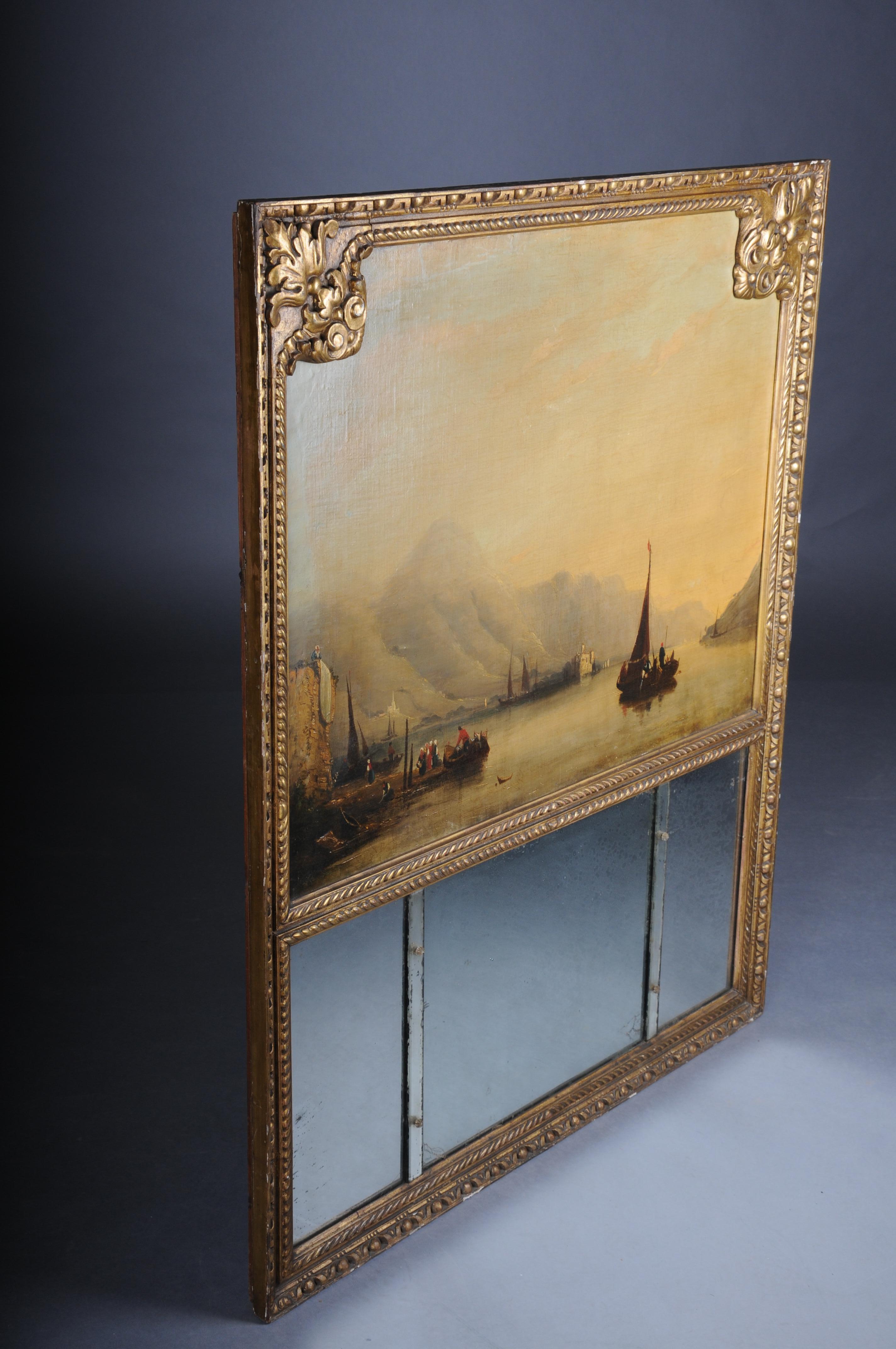 Classic antique French trumeau mirror with harbor landscape with sailing ships For Sale 8