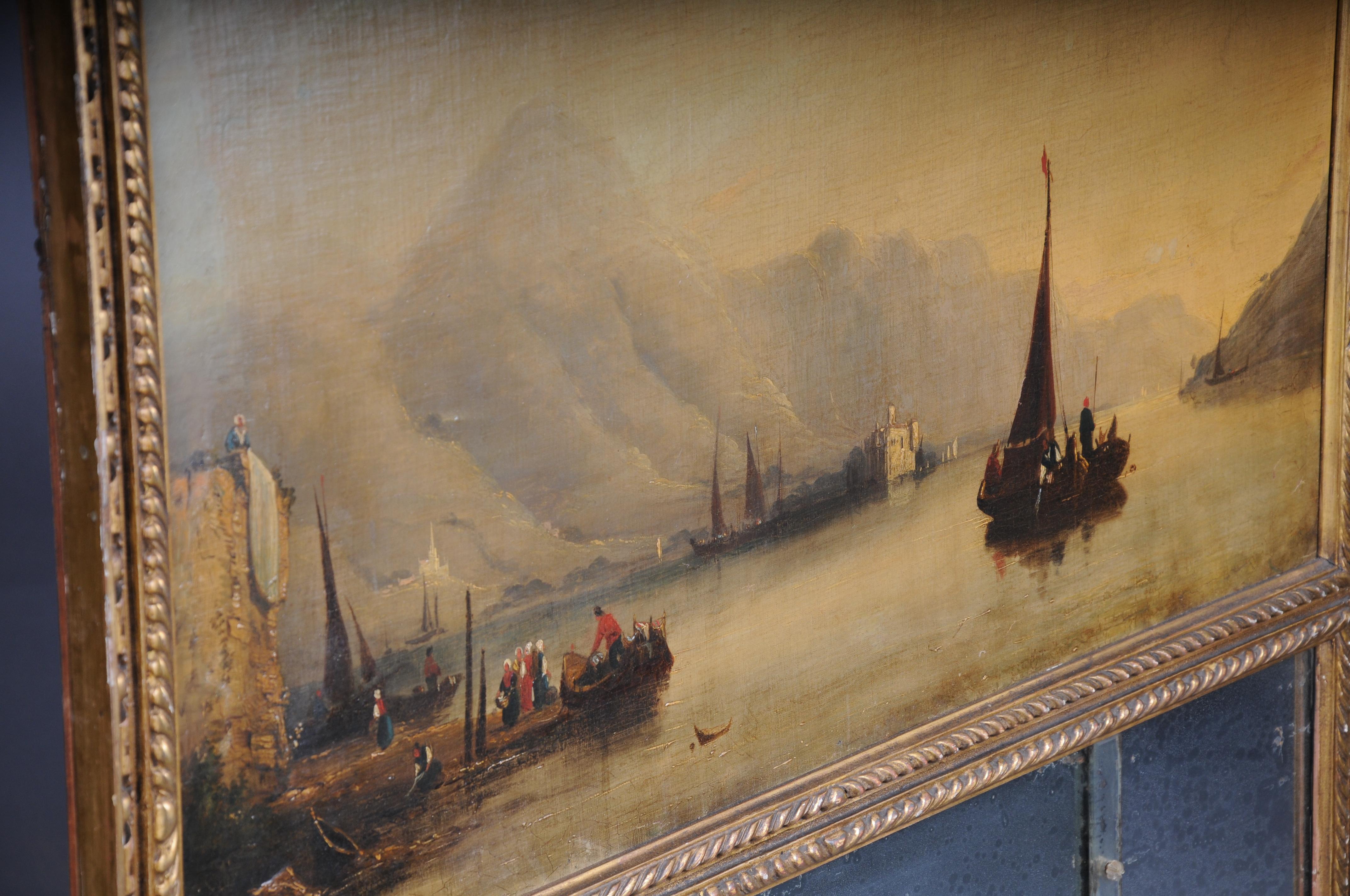 Classic antique French trumeau mirror with harbor landscape with sailing ships For Sale 9