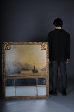 Classic antique French trumeau mirror with harbor landscape with sailing ships