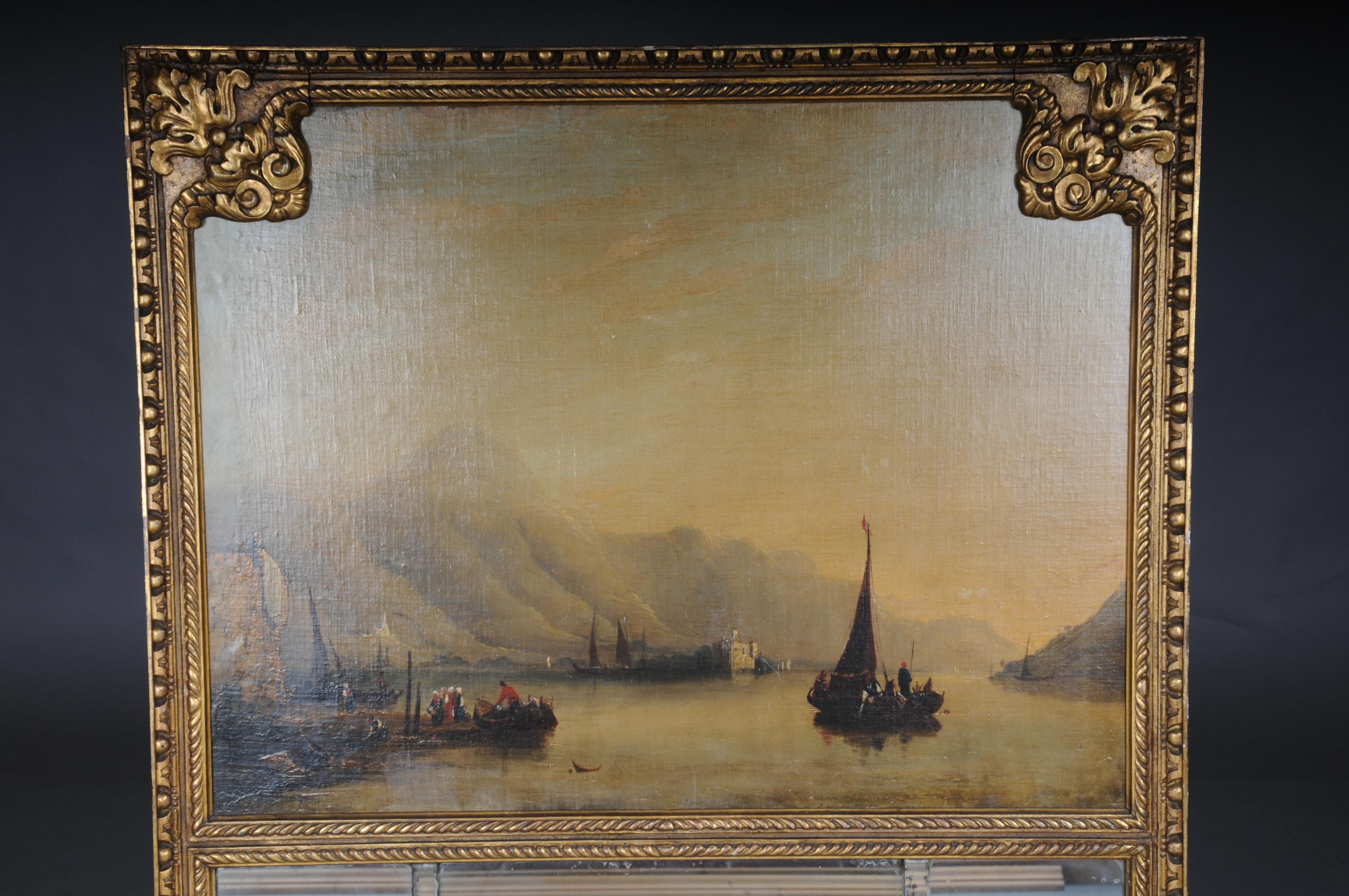 Hand-Painted Classic antique French trumeau mirror with harbor landscape with sailing ships For Sale