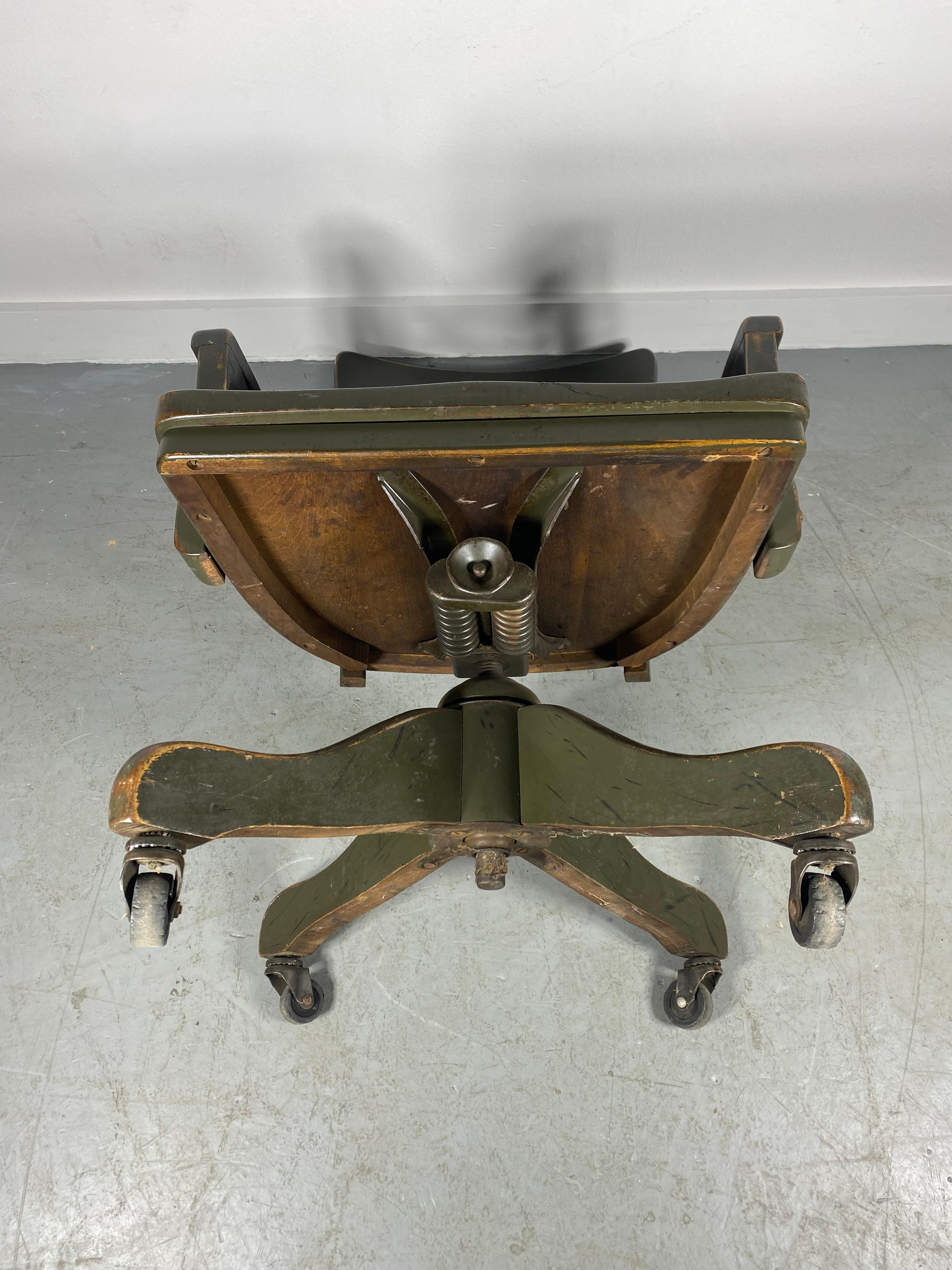 Classic Antique Industrial Tilt Swivel Desk / Task Chair, Curtiss-Wright Corp In Distressed Condition For Sale In Buffalo, NY