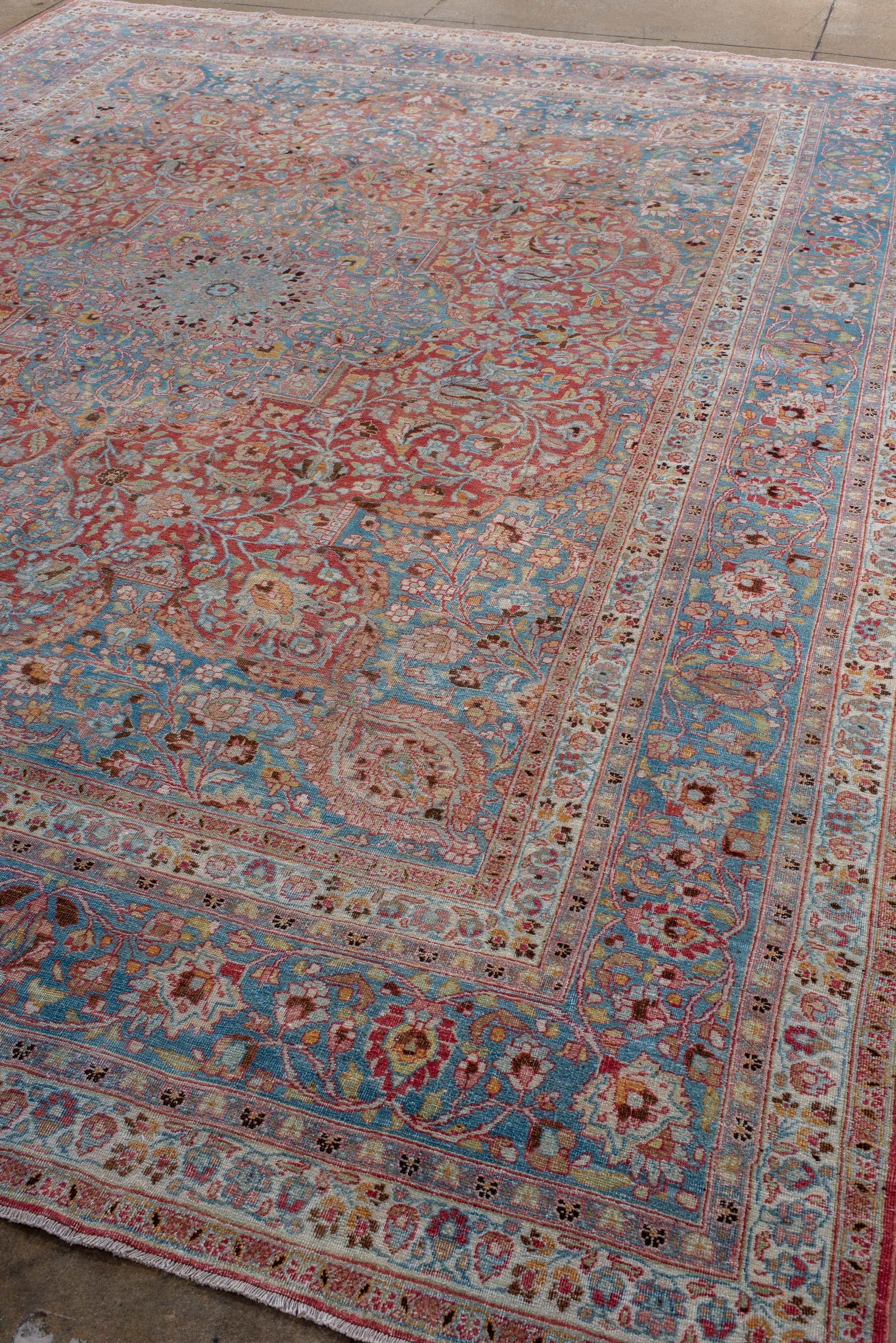 Persian Classic Antique Kashan with Red Field and Blue Green Medallion and Border For Sale