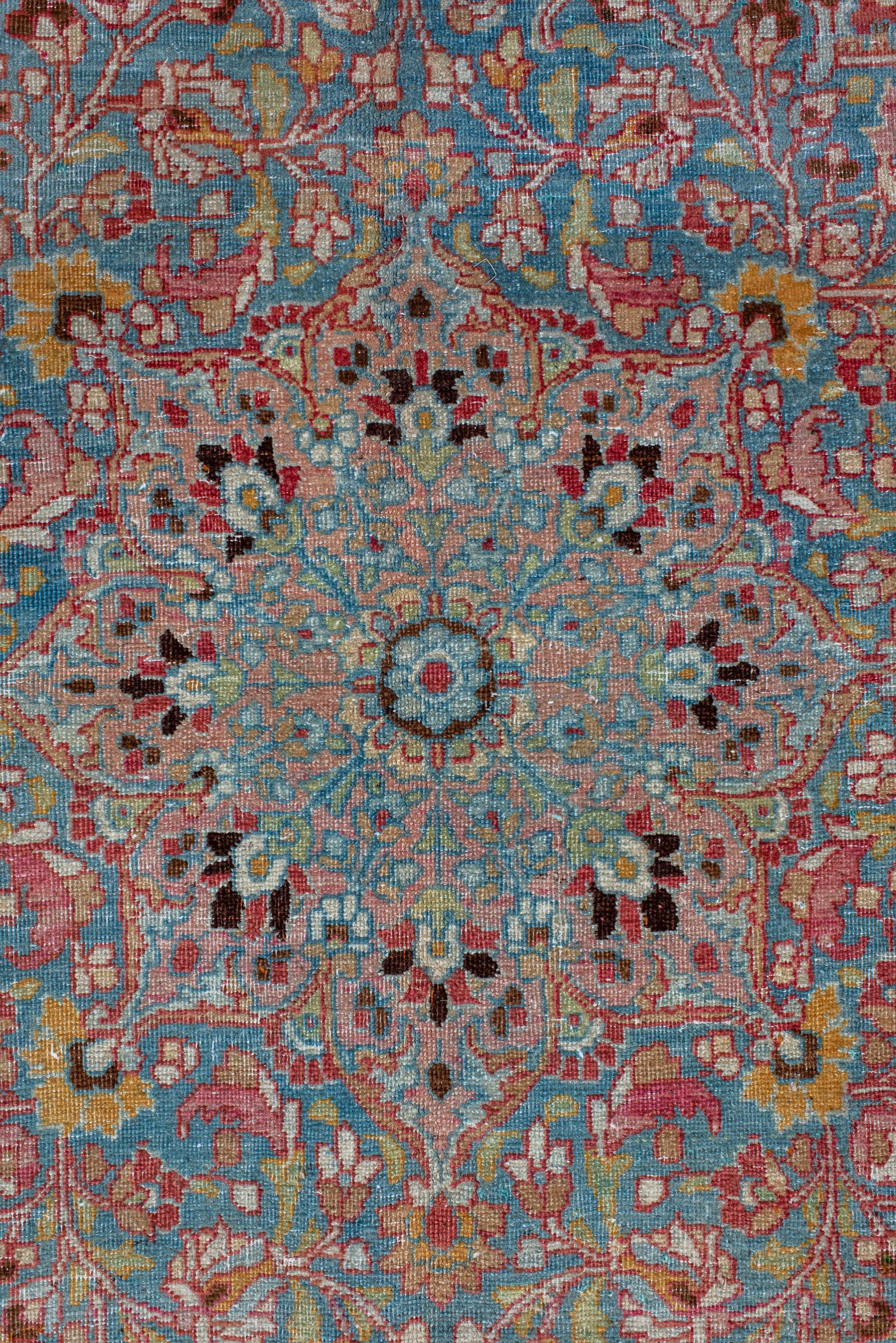 Hand-Knotted Classic Antique Kashan with Red Field and Blue Green Medallion and Border For Sale