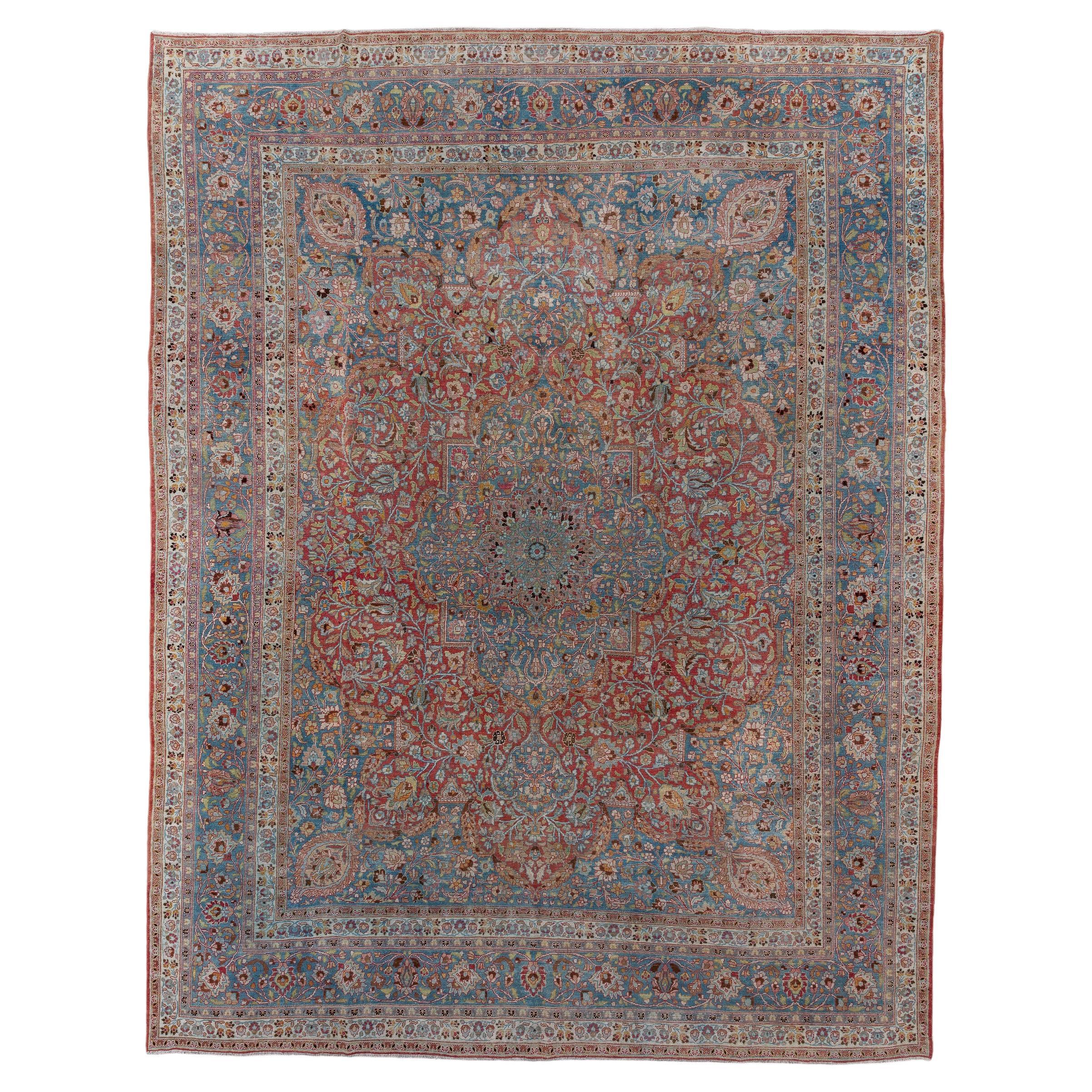 Classic Antique Kashan with Red Field and Blue Green Medallion and Border