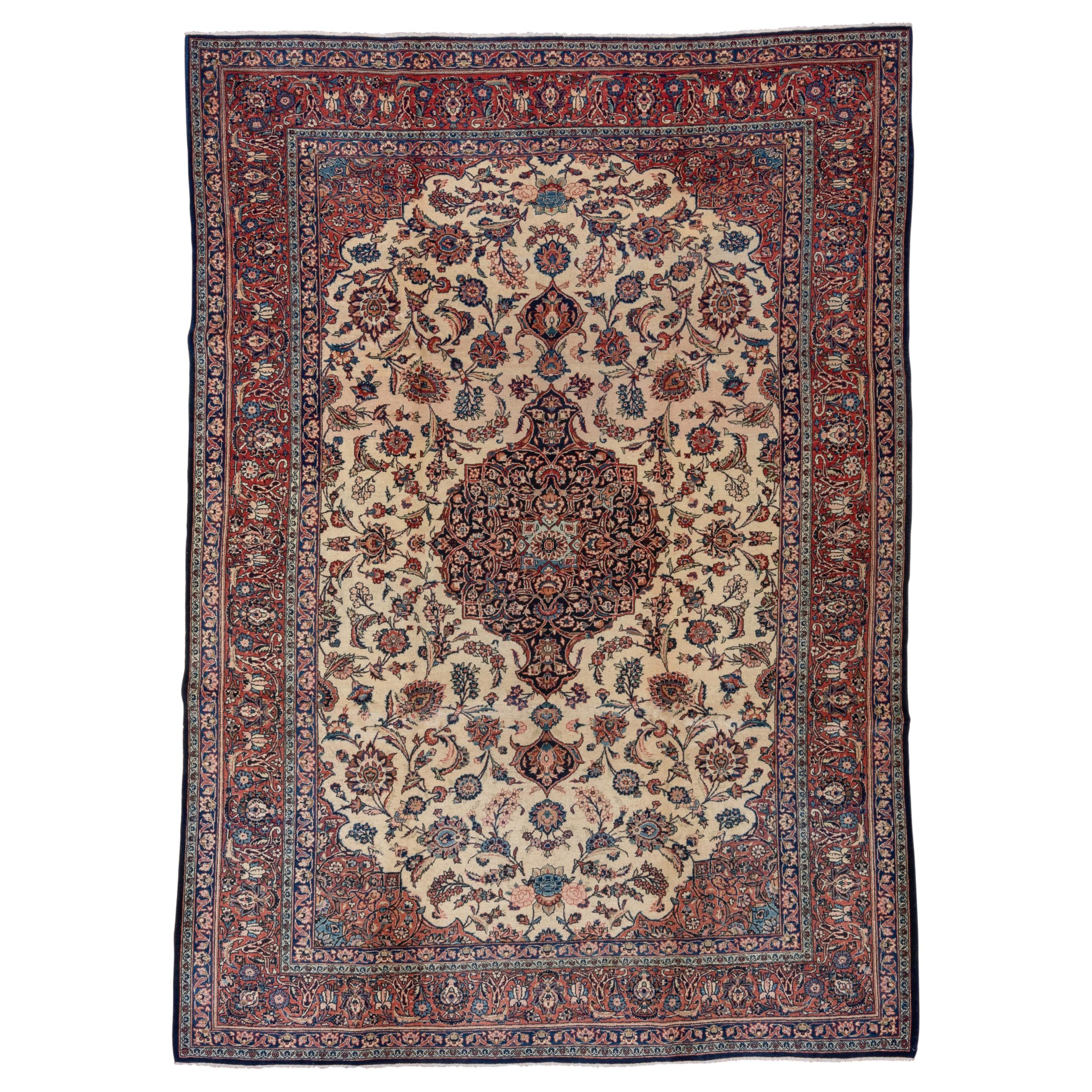 Antique Persian Kashan Rug with Floral Medallions on Ivory Field, circa 1970s For Sale at 1stDibs
