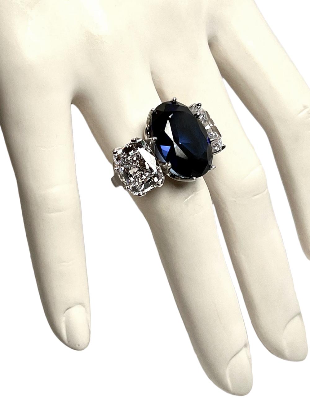 Classic Antique Style Real-Looking 10-carat Burma Sapphire and 4-carat  white Cushion Diamond Costume Jewellery Ring Our Man-Made hand-cut diamonds and sapphires are of the finest quality. Each lab-grown precision stone is made with brilliant D