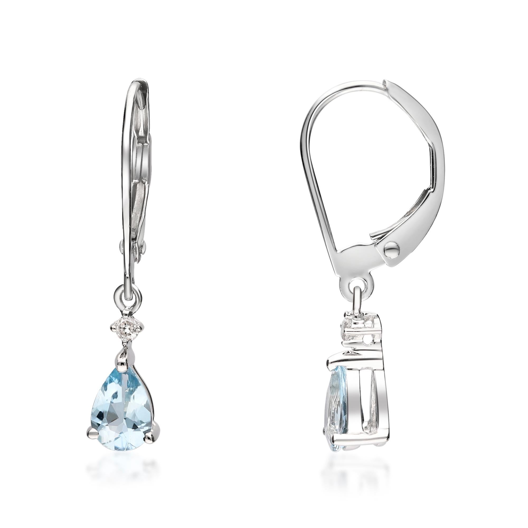 Classic Aquamarine Pear Cut Diamond Accents 14K White Gold Earring In New Condition In New York, NY