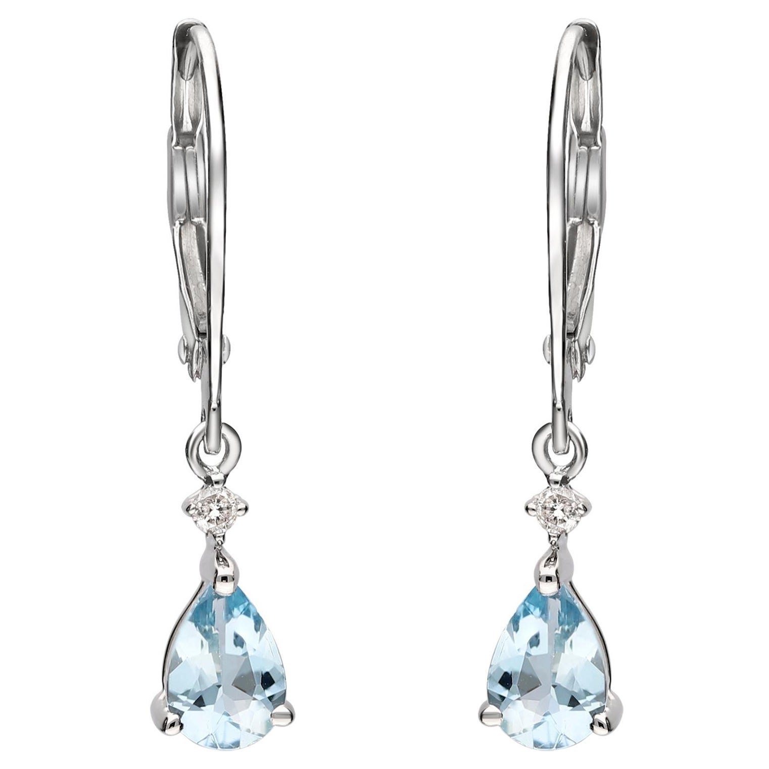 Classic Aquamarine Pear Cut Diamond Accents 14K White Gold Earring