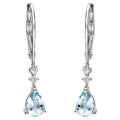 Classic Aquamarine Pear Cut Diamond Accents 14K White Gold Earring
