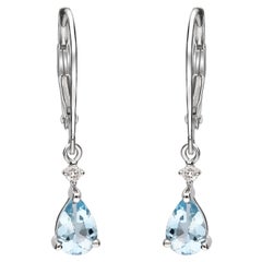 Vintage Classic Aquamarine Pear Cut Diamond Accents 14K White Gold Earring