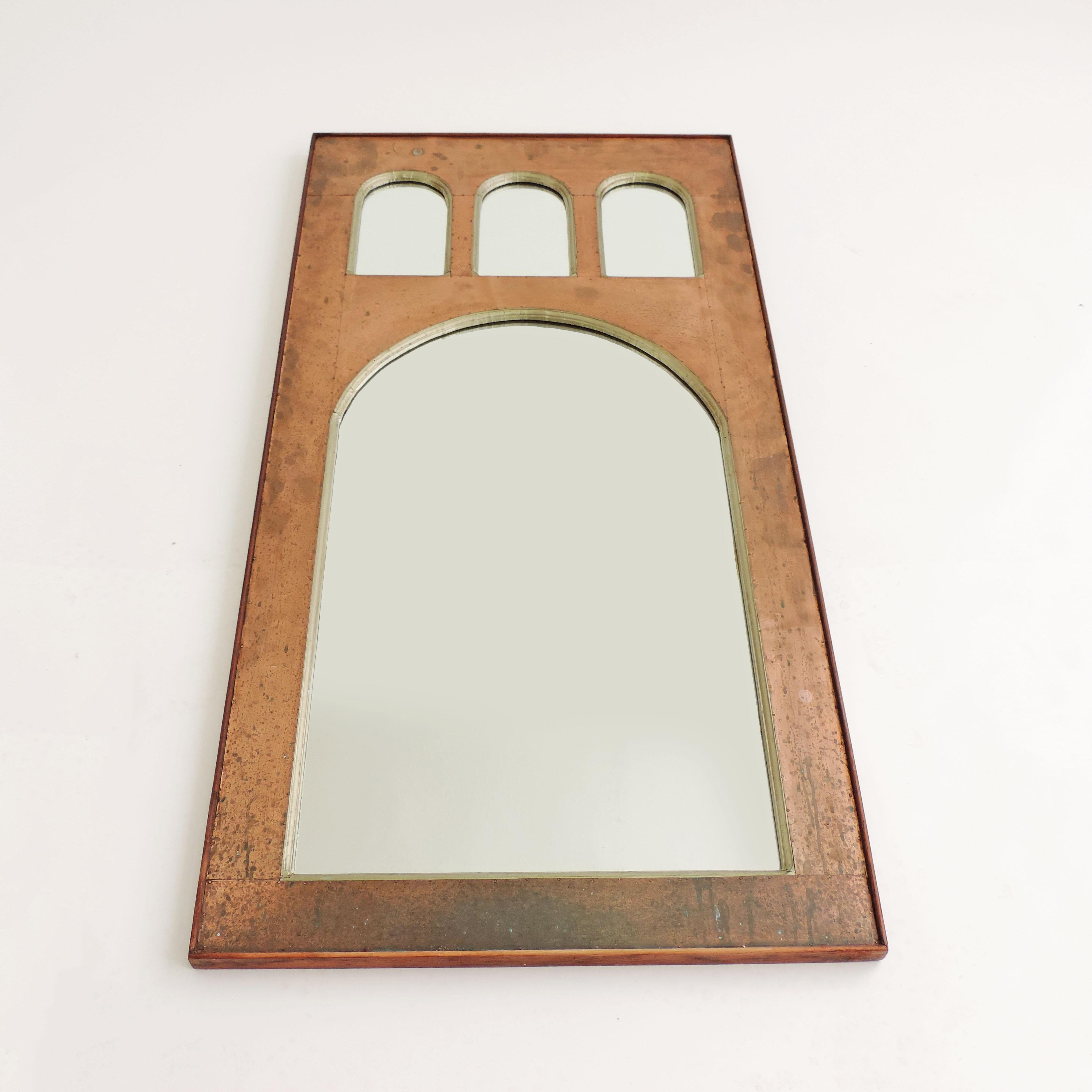 Mid-Century Modern Italian Metaphysical  1960s Copper on wood Wall Mirror  For Sale