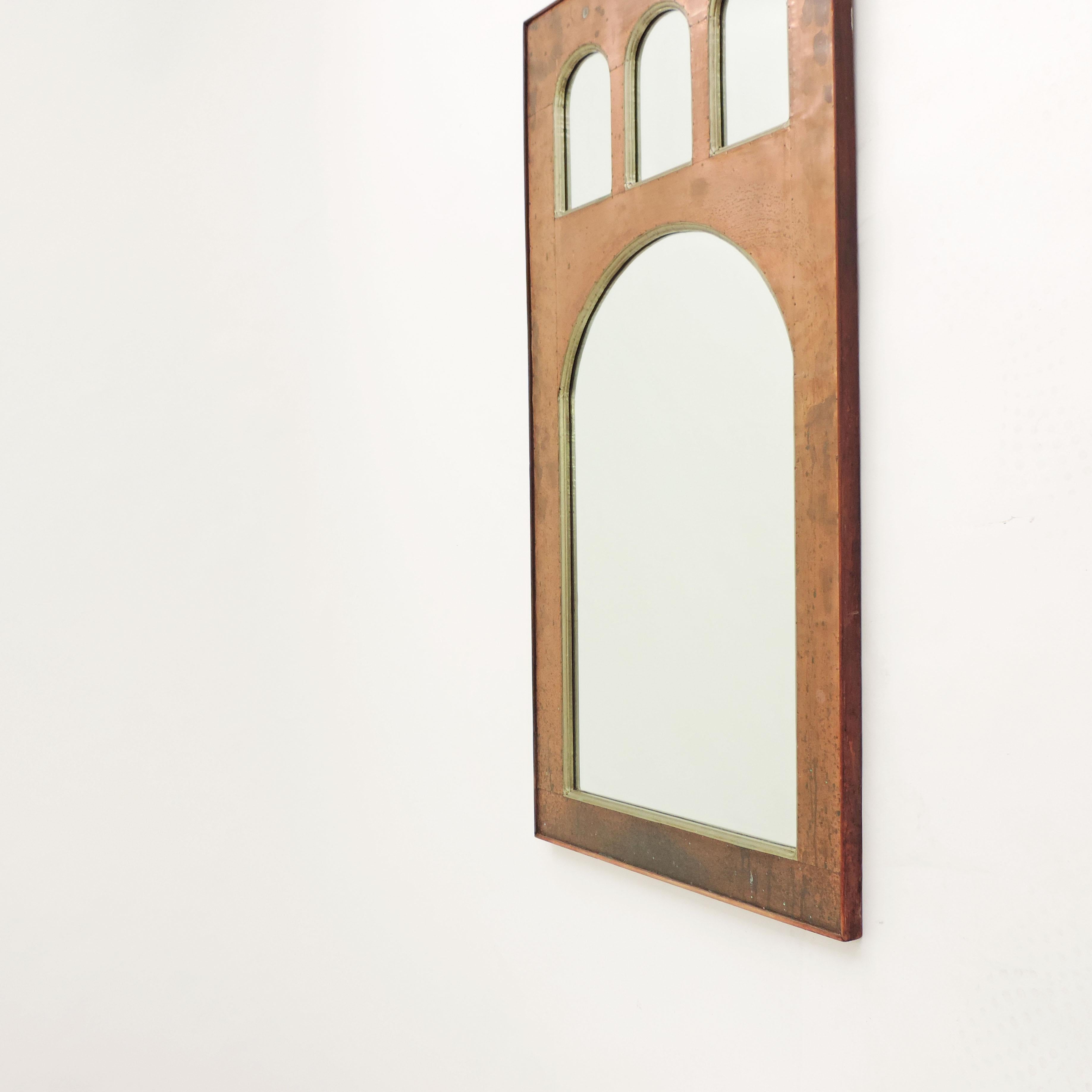 Mid-20th Century Italian Metaphysical  1960s Copper on wood Wall Mirror  For Sale