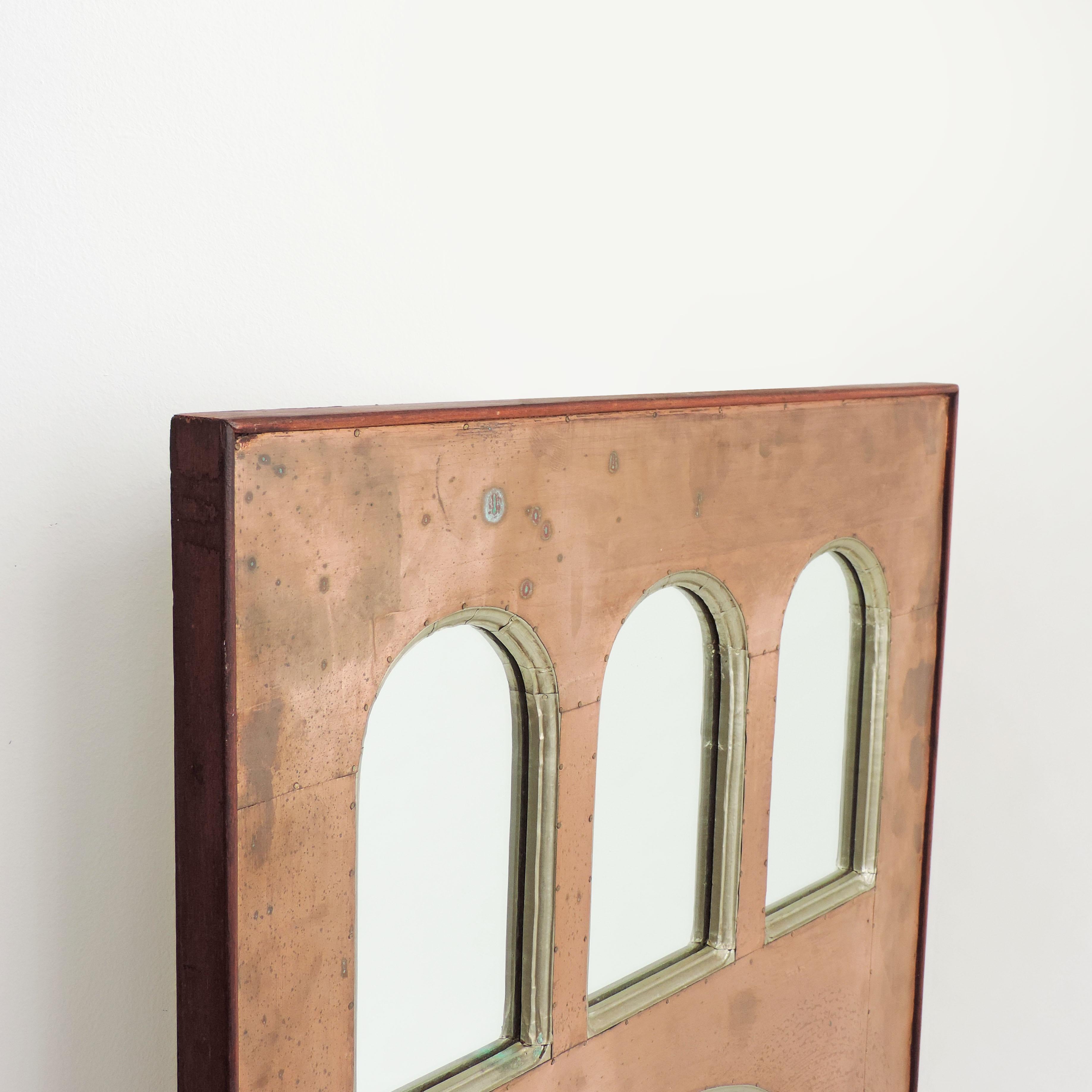 Aluminum Italian Metaphysical  1960s Copper on wood Wall Mirror  For Sale