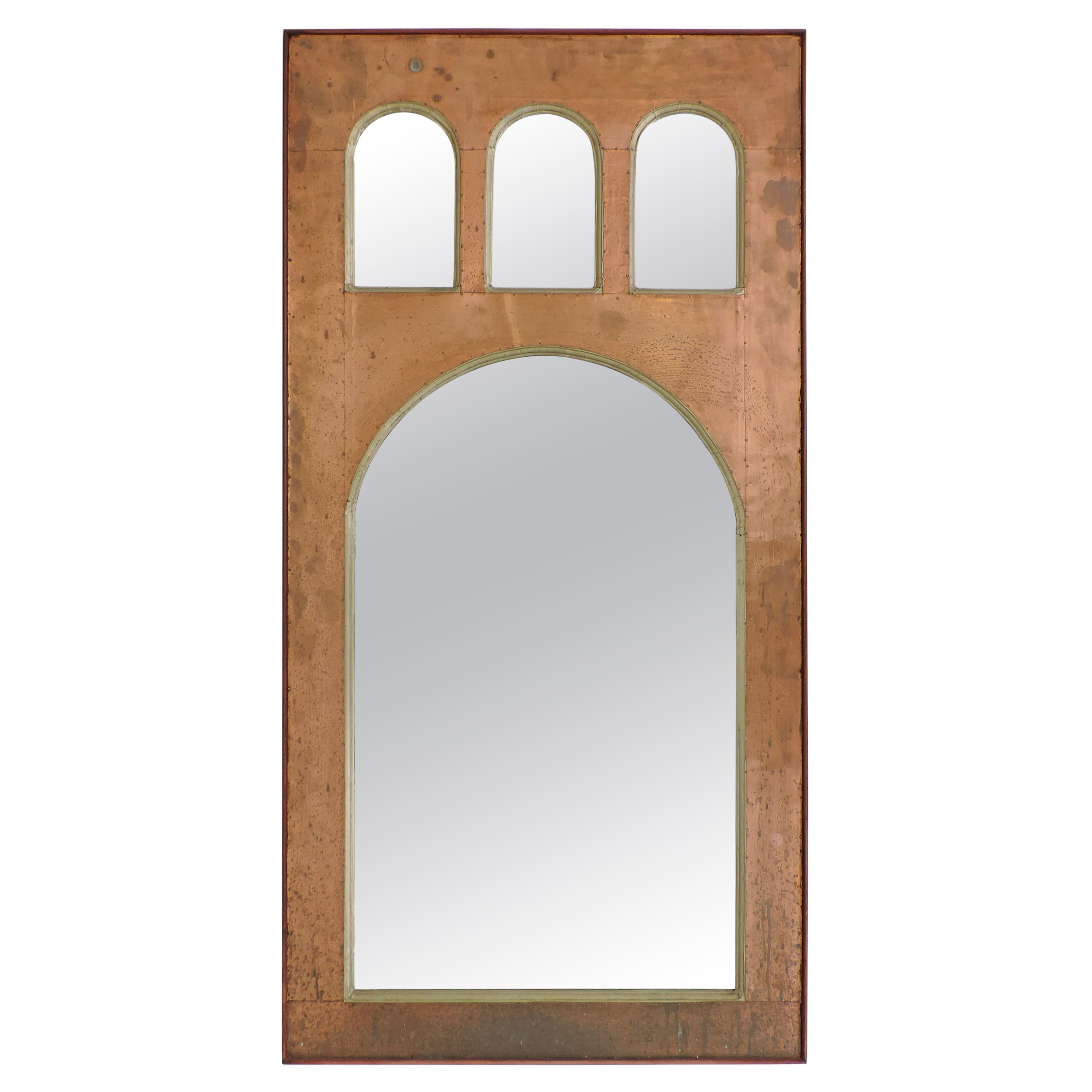 Italian Metaphysical  1960s Copper on wood Wall Mirror 