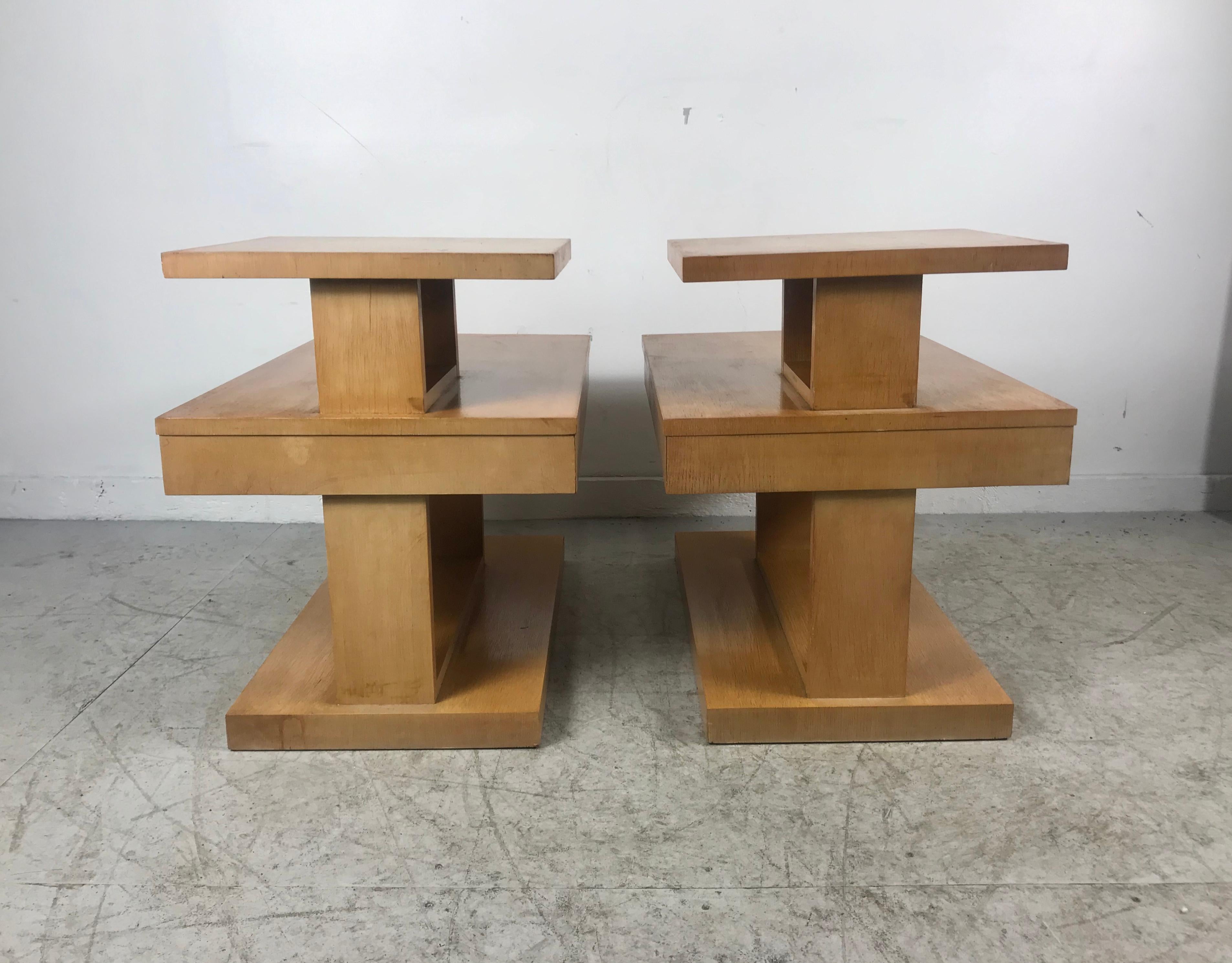 American Classic Architectural Mid-Century Modern Step End Tables with Drawers by Lane