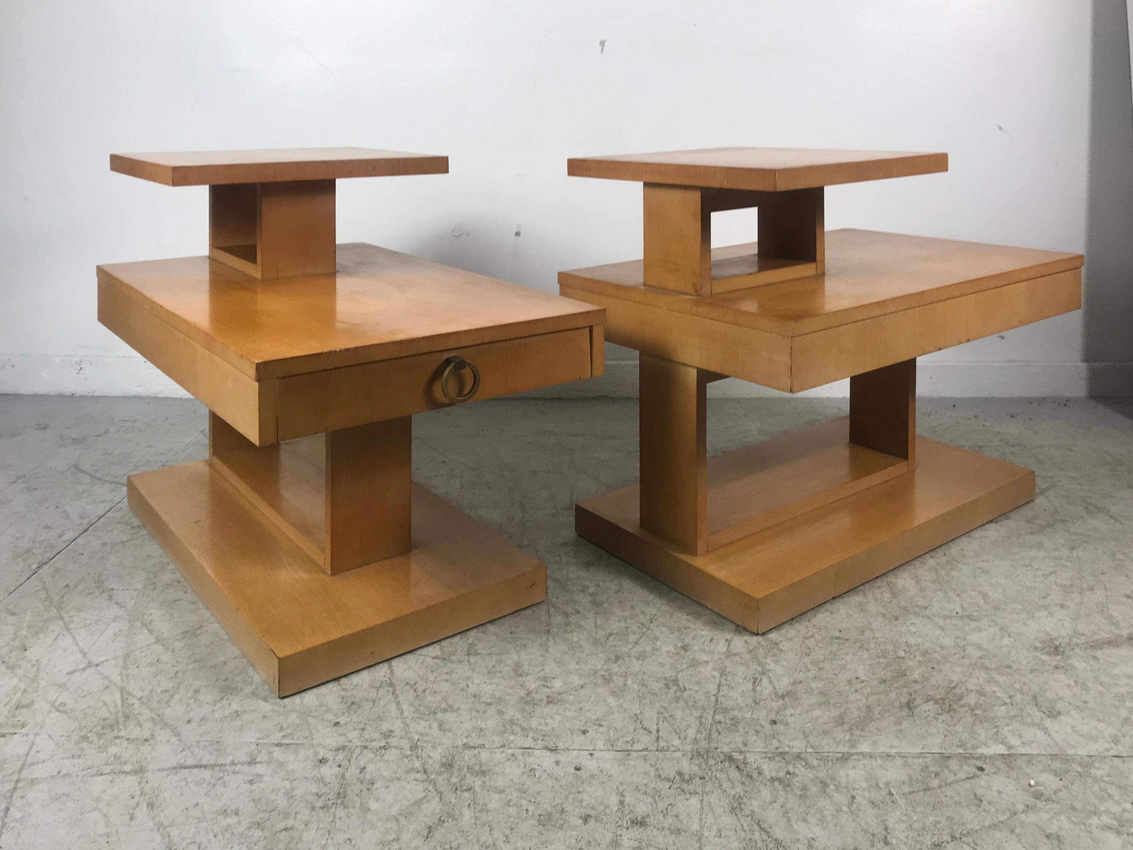 Classic Architectural Mid-Century Modern Step End Tables with Drawers by Lane In Good Condition In Buffalo, NY