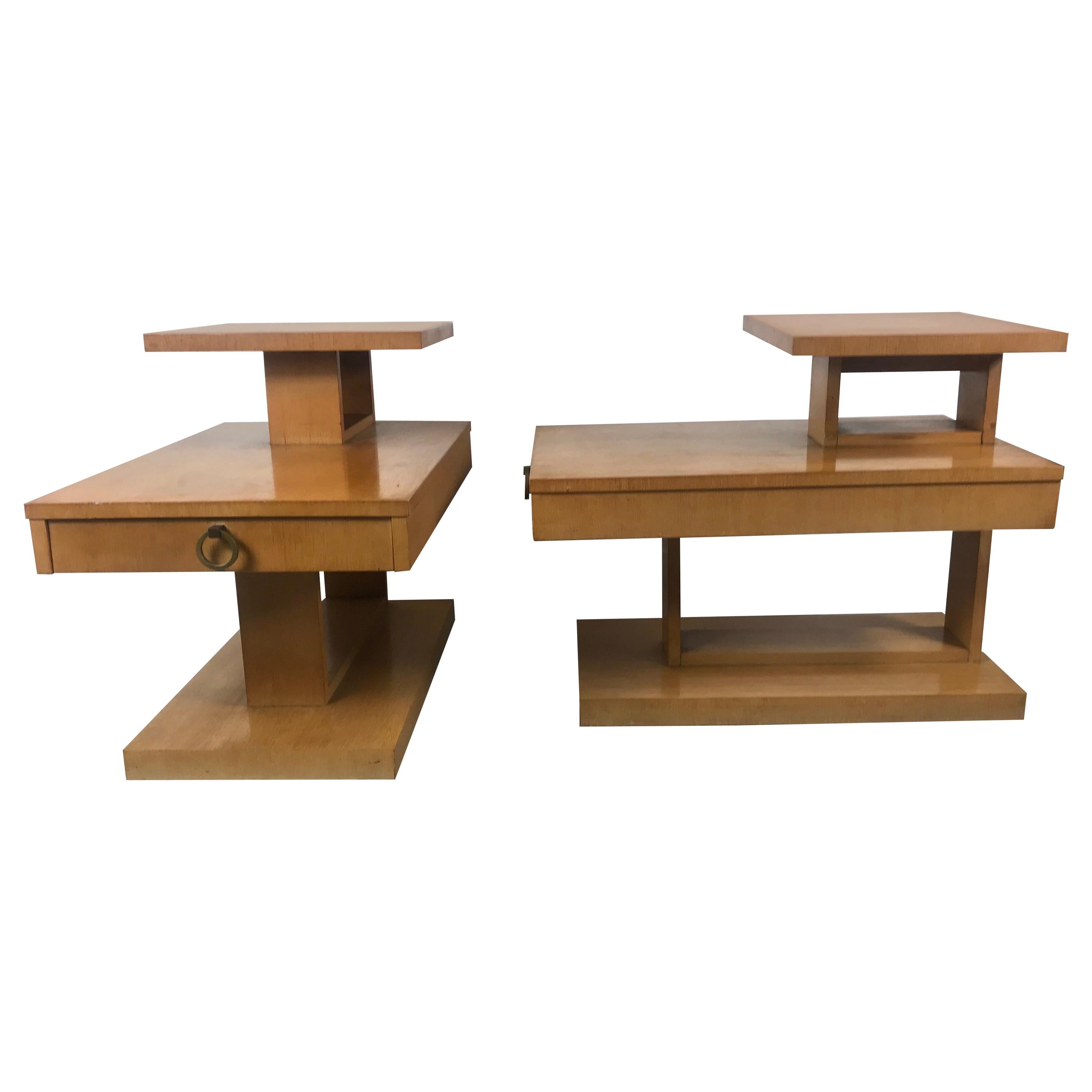 Classic Architectural Mid-Century Modern Step End Tables with Drawers by Lane
