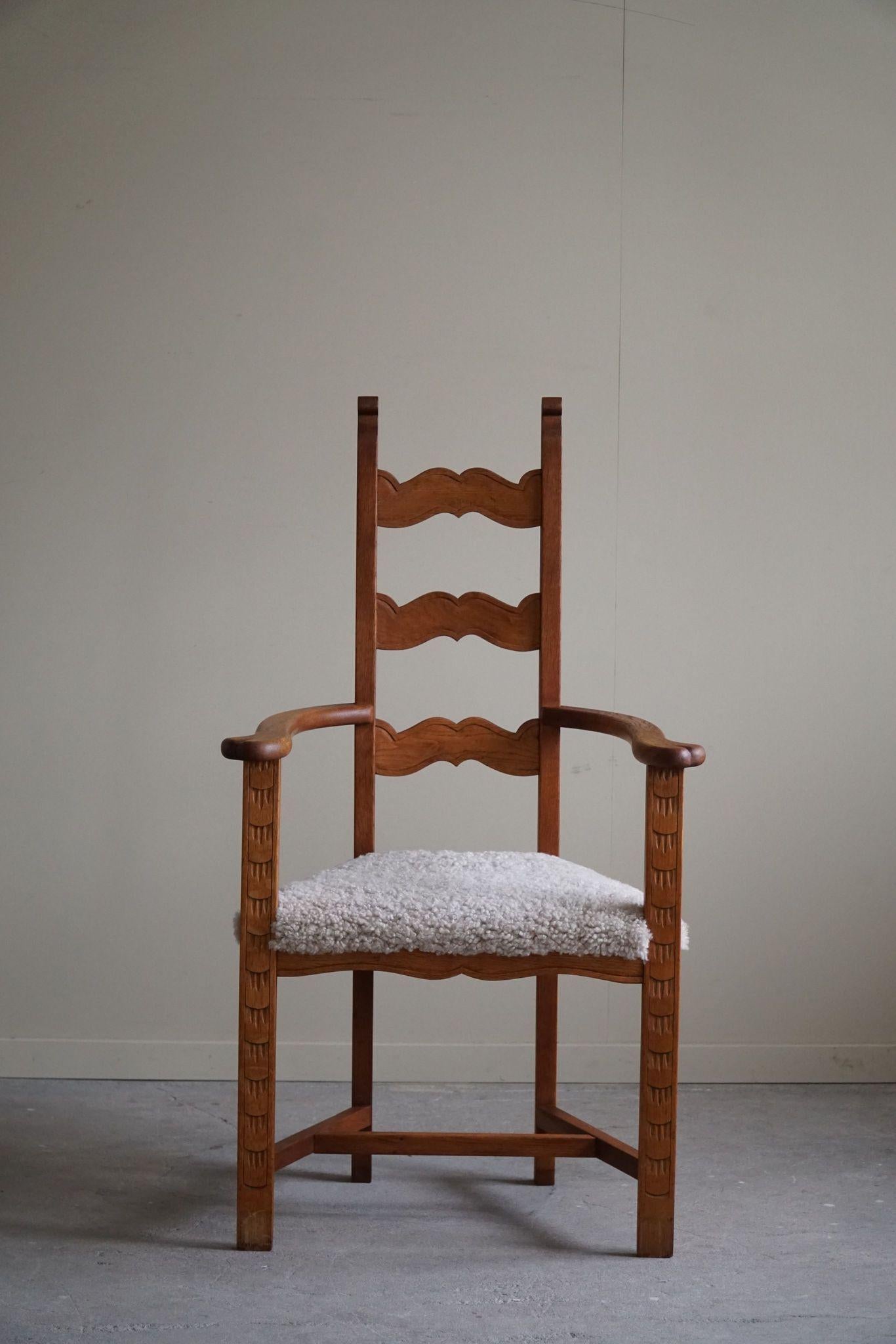 Classic Armchair in Oak & Lambswool Seat, Danish Mid Century Modern, 1950s For Sale 6