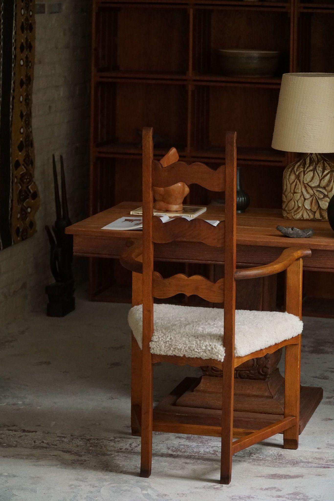 Classic Armchair in Oak & Lambswool Seat, Danish Mid Century Modern, 1950s For Sale 8