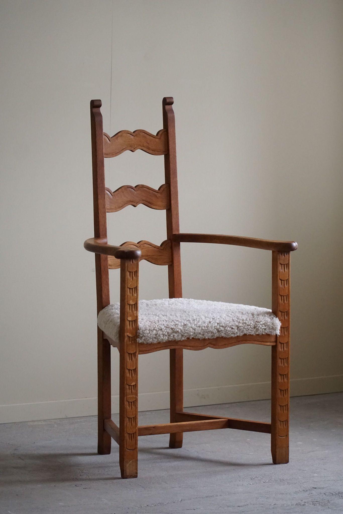 Art Deco Classic Armchair in Oak & Lambswool Seat, Danish Mid Century Modern, 1950s For Sale
