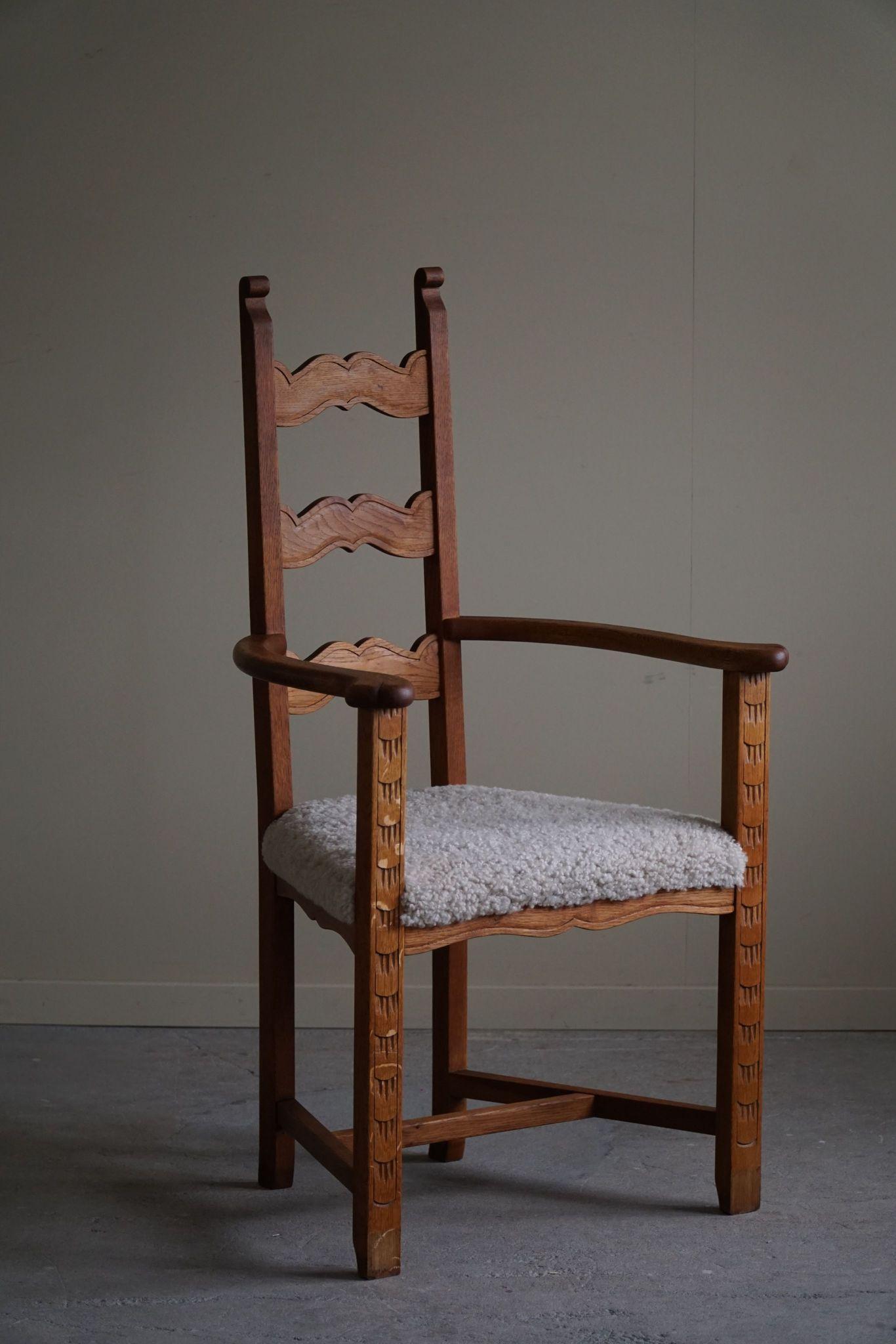 Classic Armchair in Oak & Lambswool Seat, Danish Mid Century Modern, 1950s For Sale 3