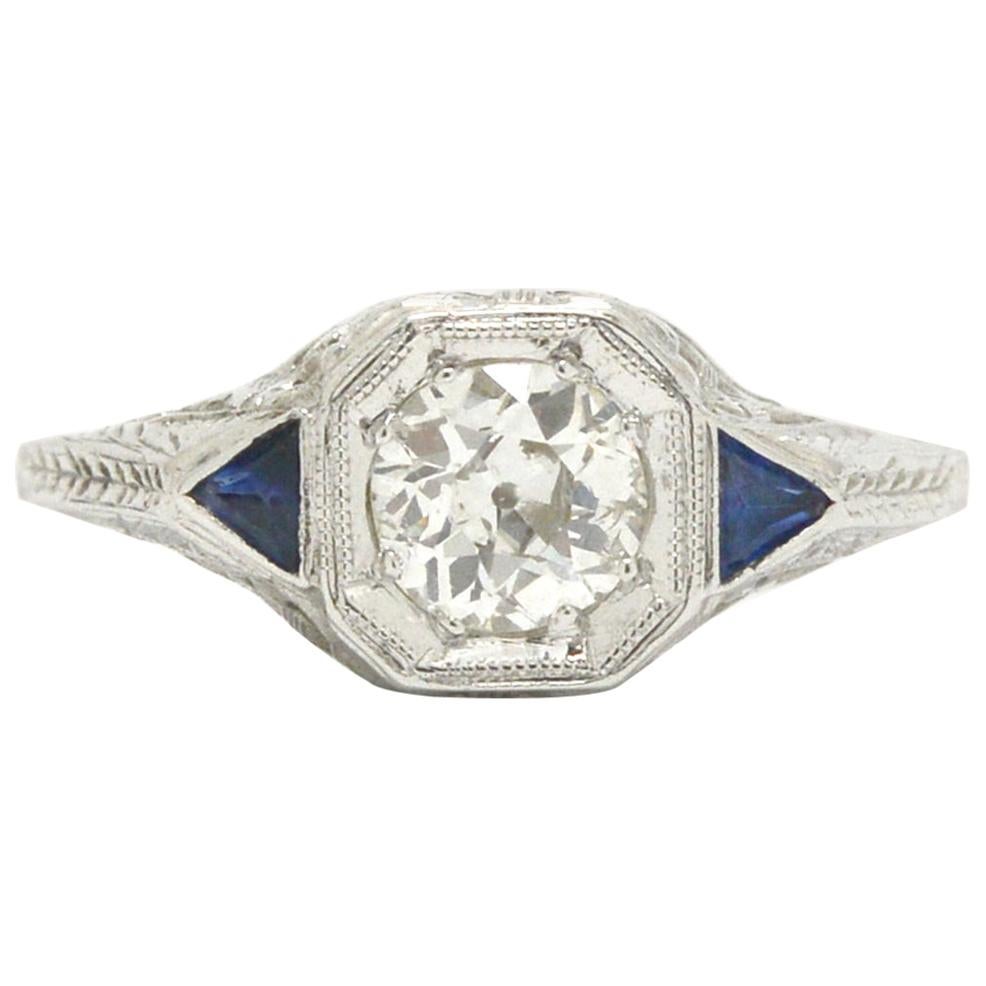 Classic Art Deco Diamond Sapphire Engagement Ring Filigree and Engraving 3 Stone