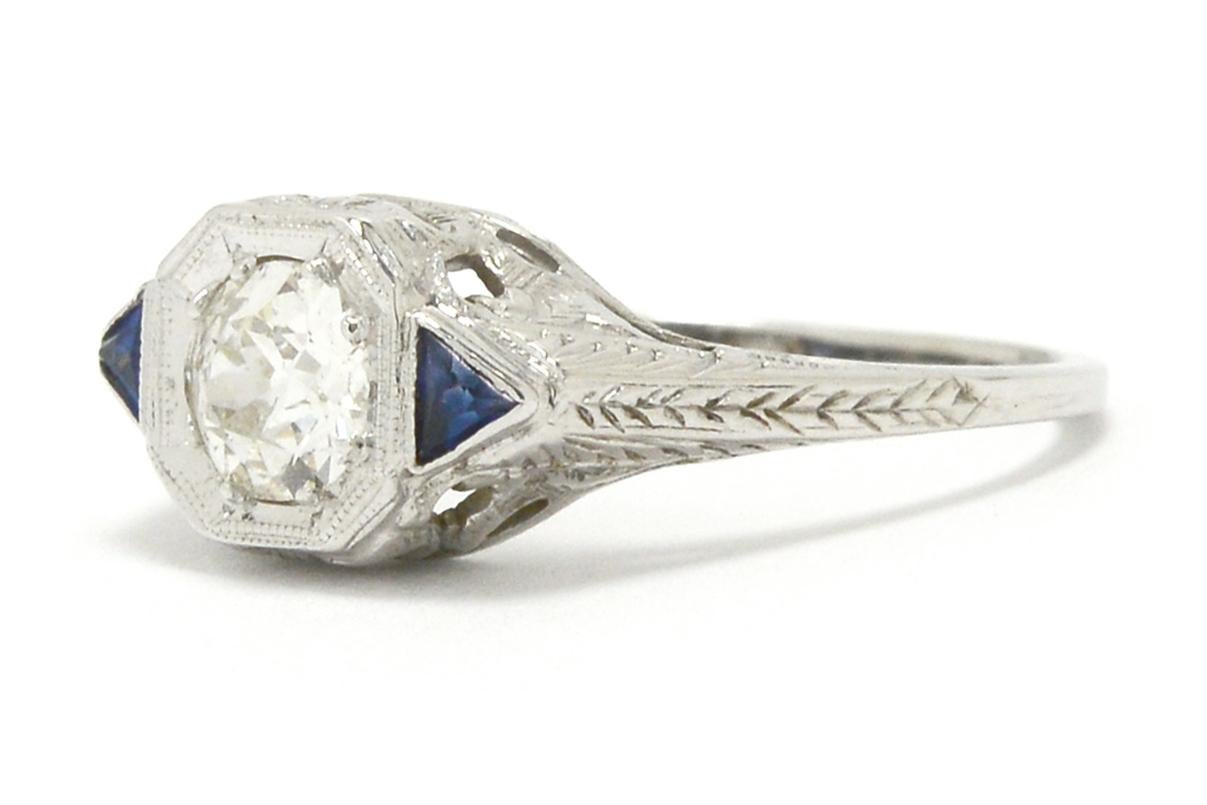 Women's Classic Art Deco Diamond Sapphire Engagement Ring Filigree and Engraving 3 Stone