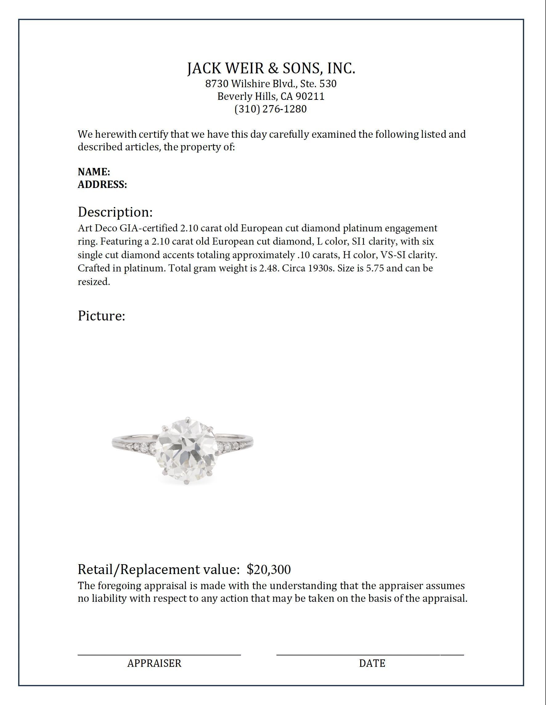 Classic Art Deco GIA 2.10 carat old European diamond platinum engagement ring 1