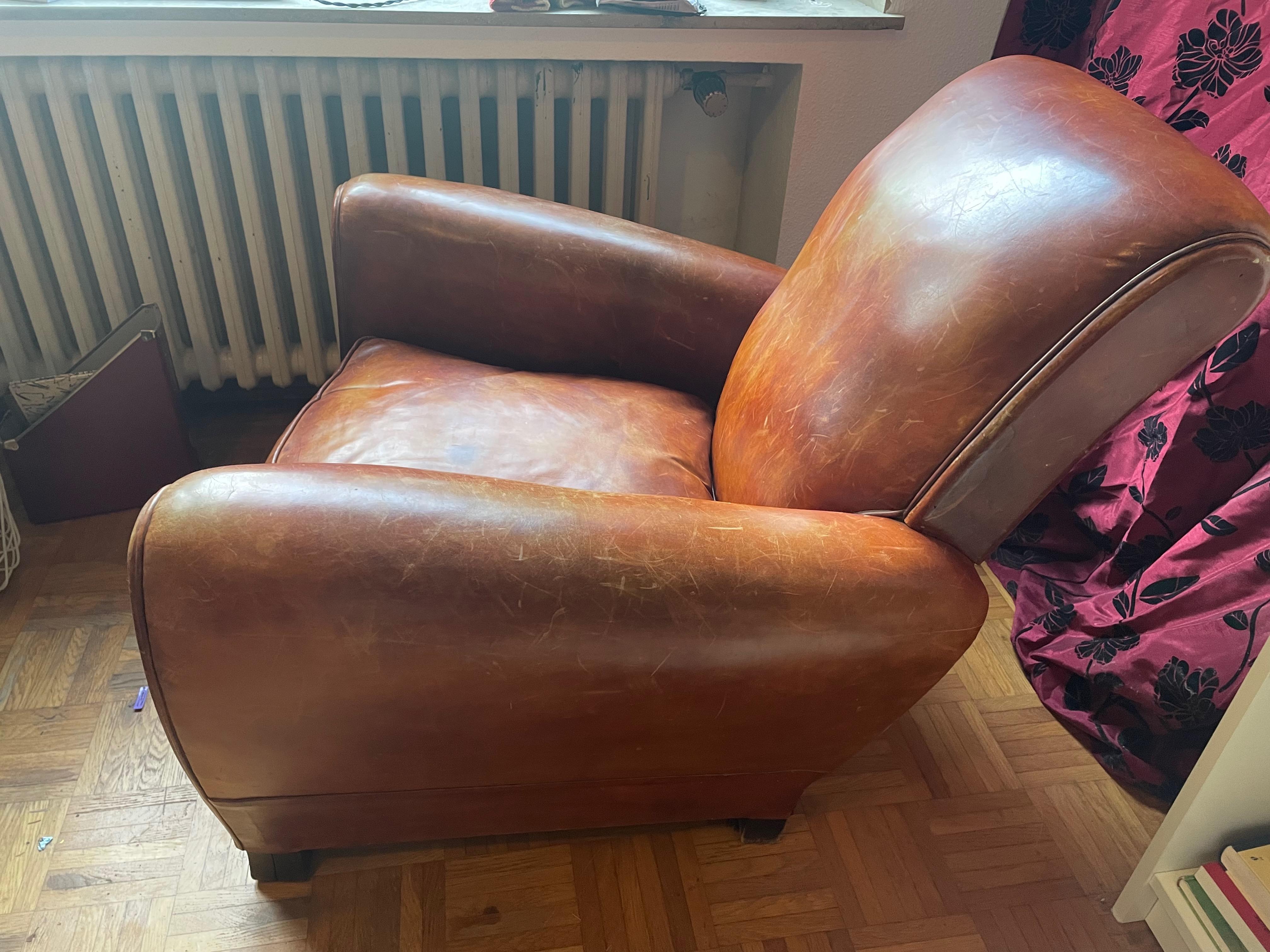 Art Deco Classic Art Déco leather upholstered brown Club Chair. France 1930s. For Sale