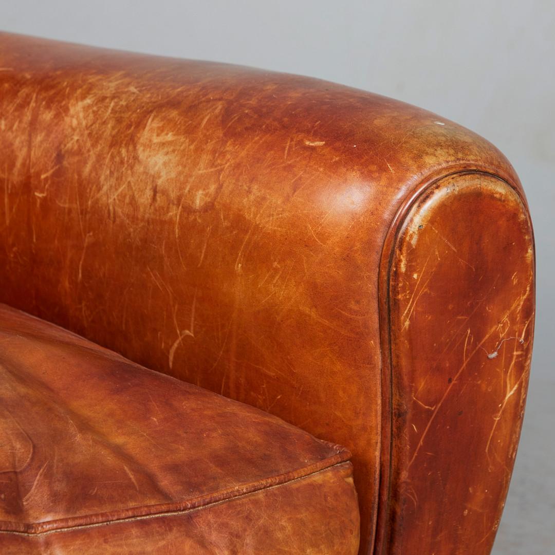 Metal Classic Art Déco leather upholstered brown Club Chair. France 1930s. For Sale