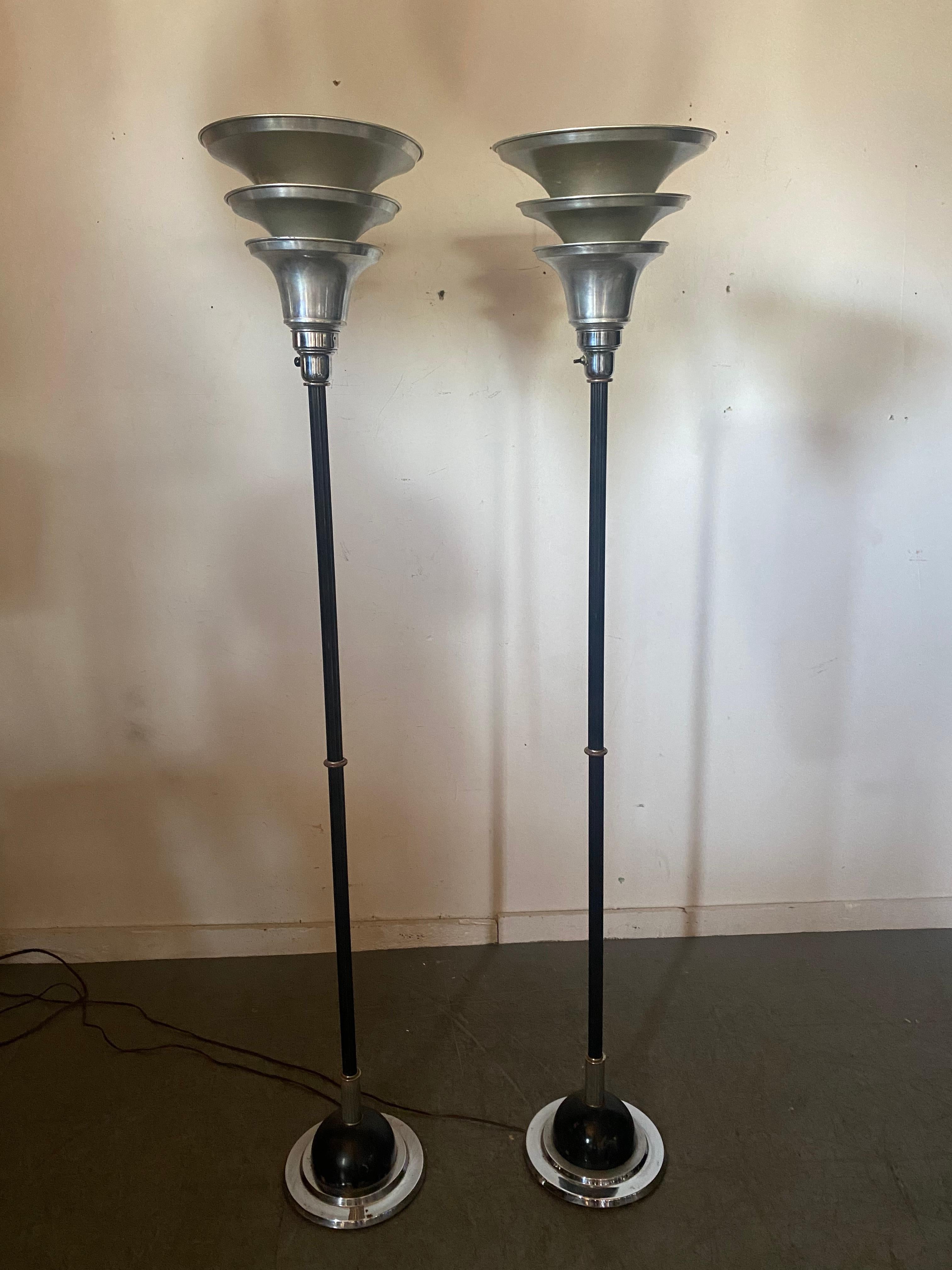 American Classic Art Deco / Machine Age Triple Cone Aluminum & Chrome Torchere's For Sale