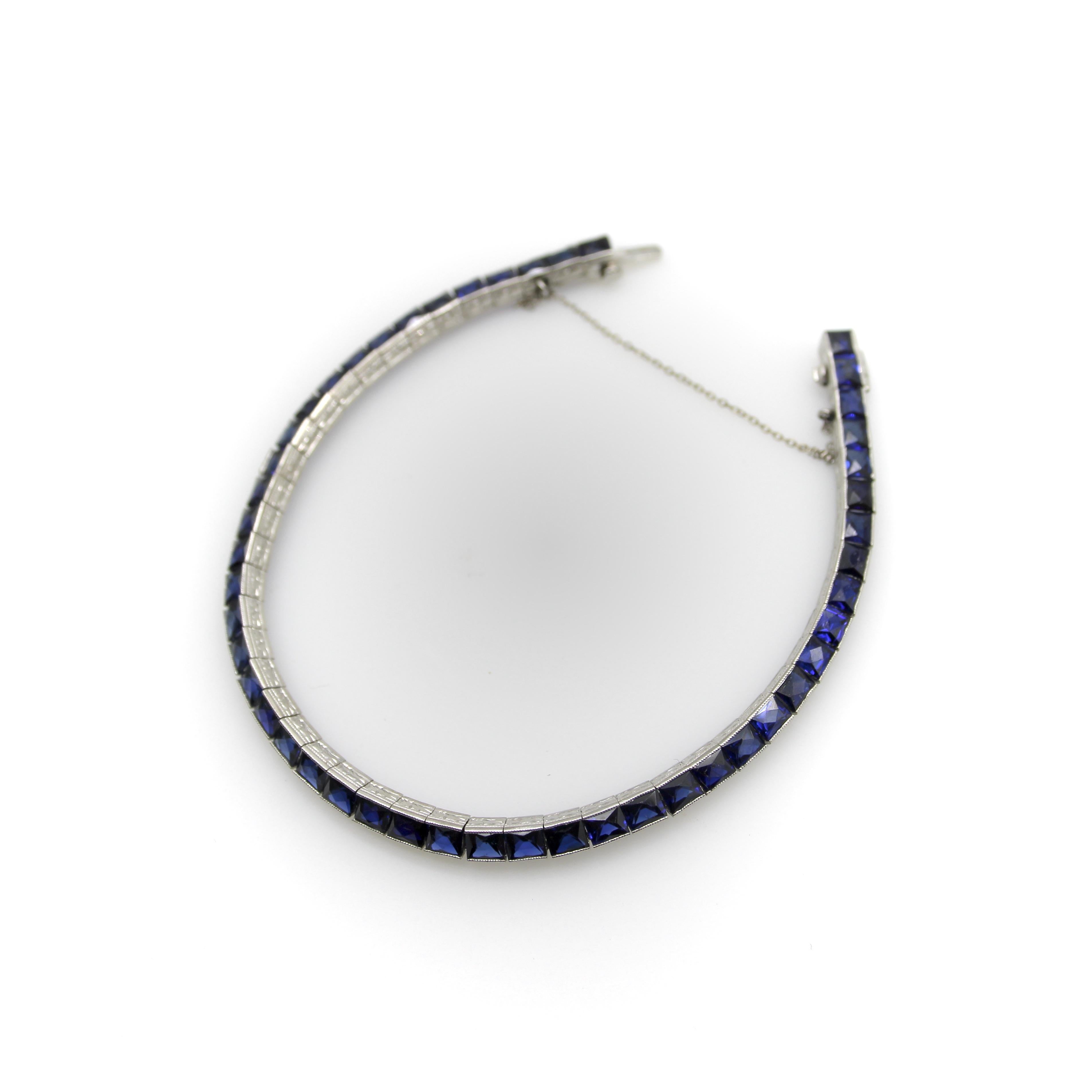French Cut Classic Art Deco Platinum and Sapphire Line Bracelet For Sale