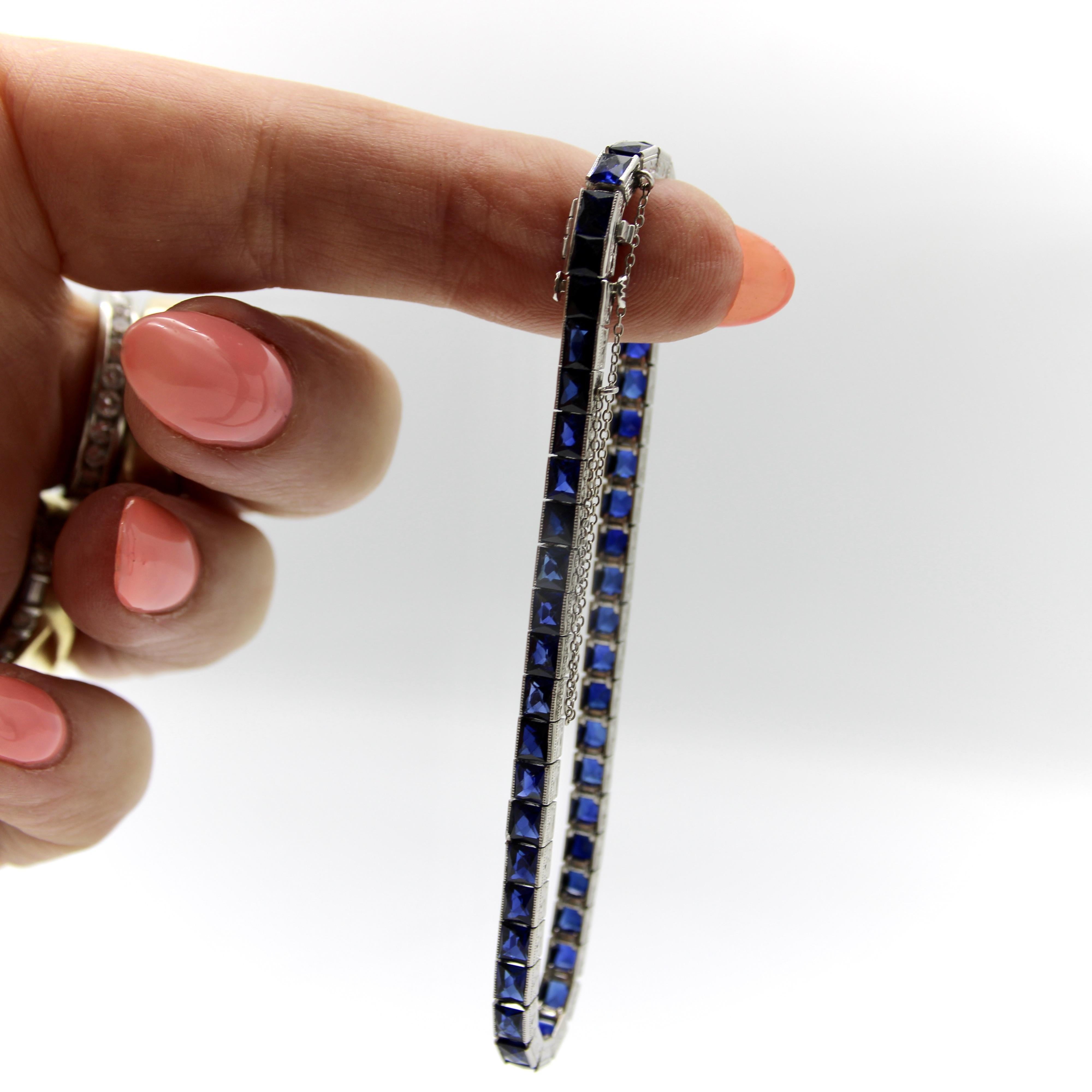Classic Art Deco Platinum and Sapphire Line Bracelet In Good Condition For Sale In Venice, CA