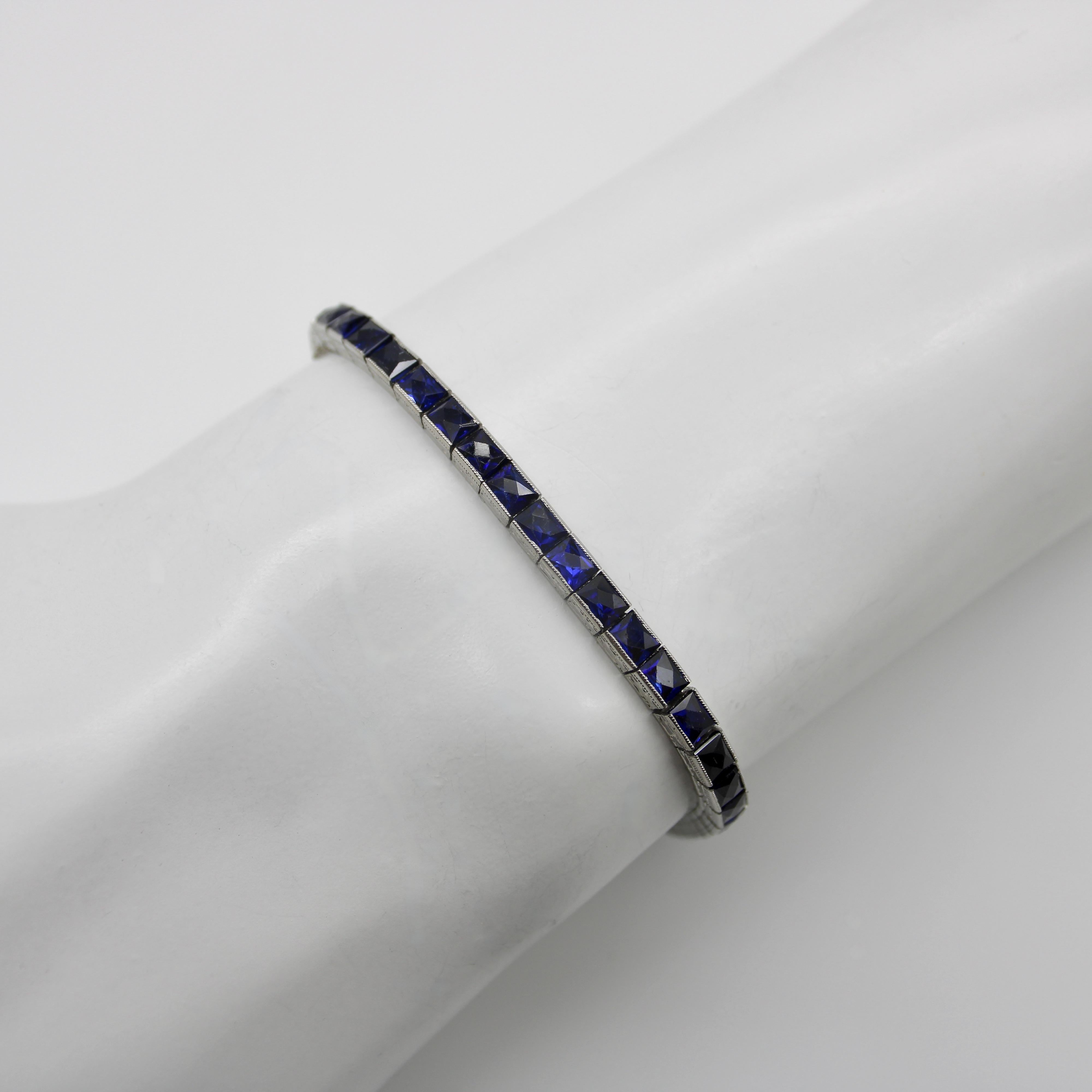 Classic Art Deco Platinum and Sapphire Line Bracelet For Sale 3