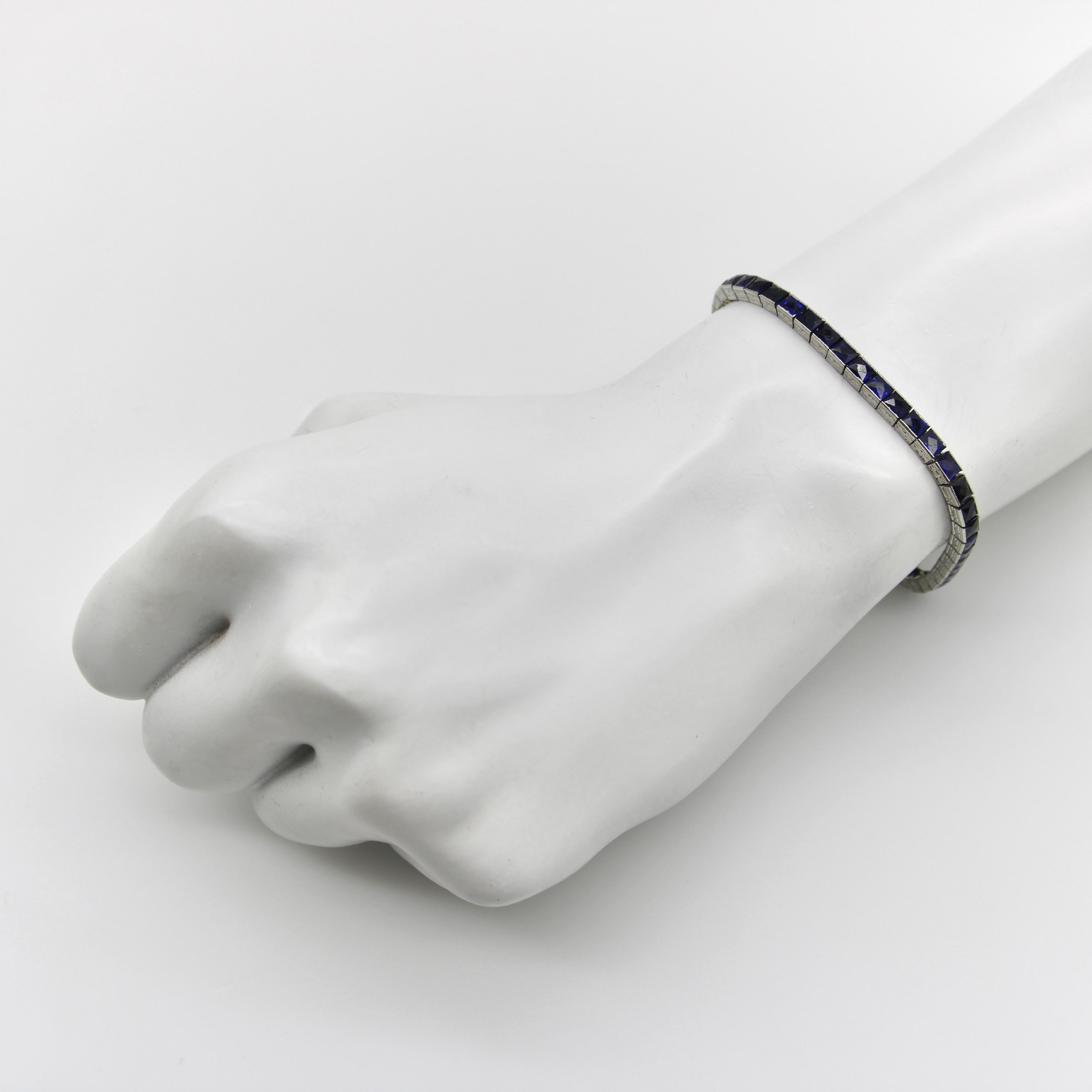 Classic Art Deco Platinum and Sapphire Line Bracelet For Sale 4