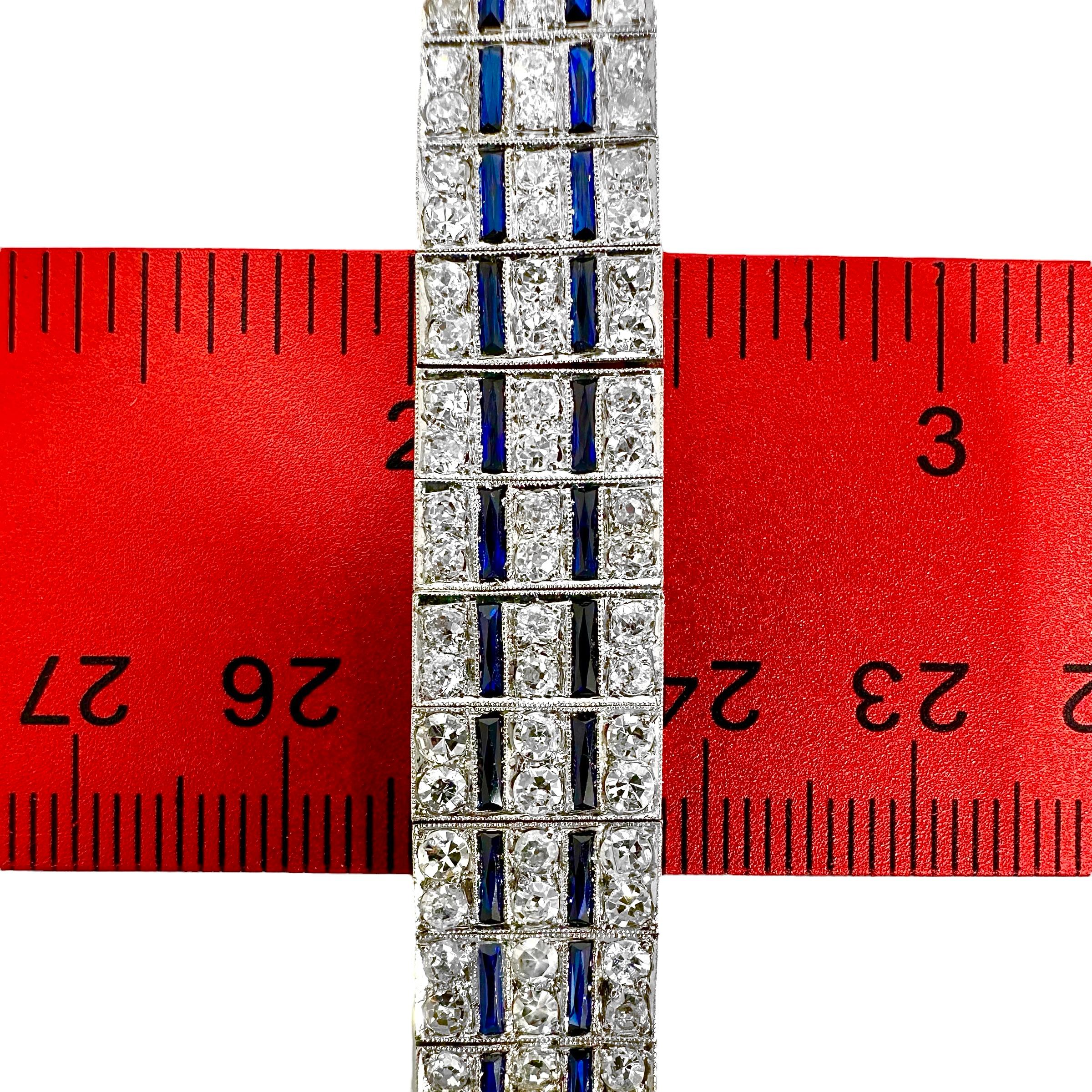 Classic Art-Deco Platinum, Diamond and Synthetic Sapphire Bracelet 1/2 Inch Wide In Good Condition For Sale In Palm Beach, FL