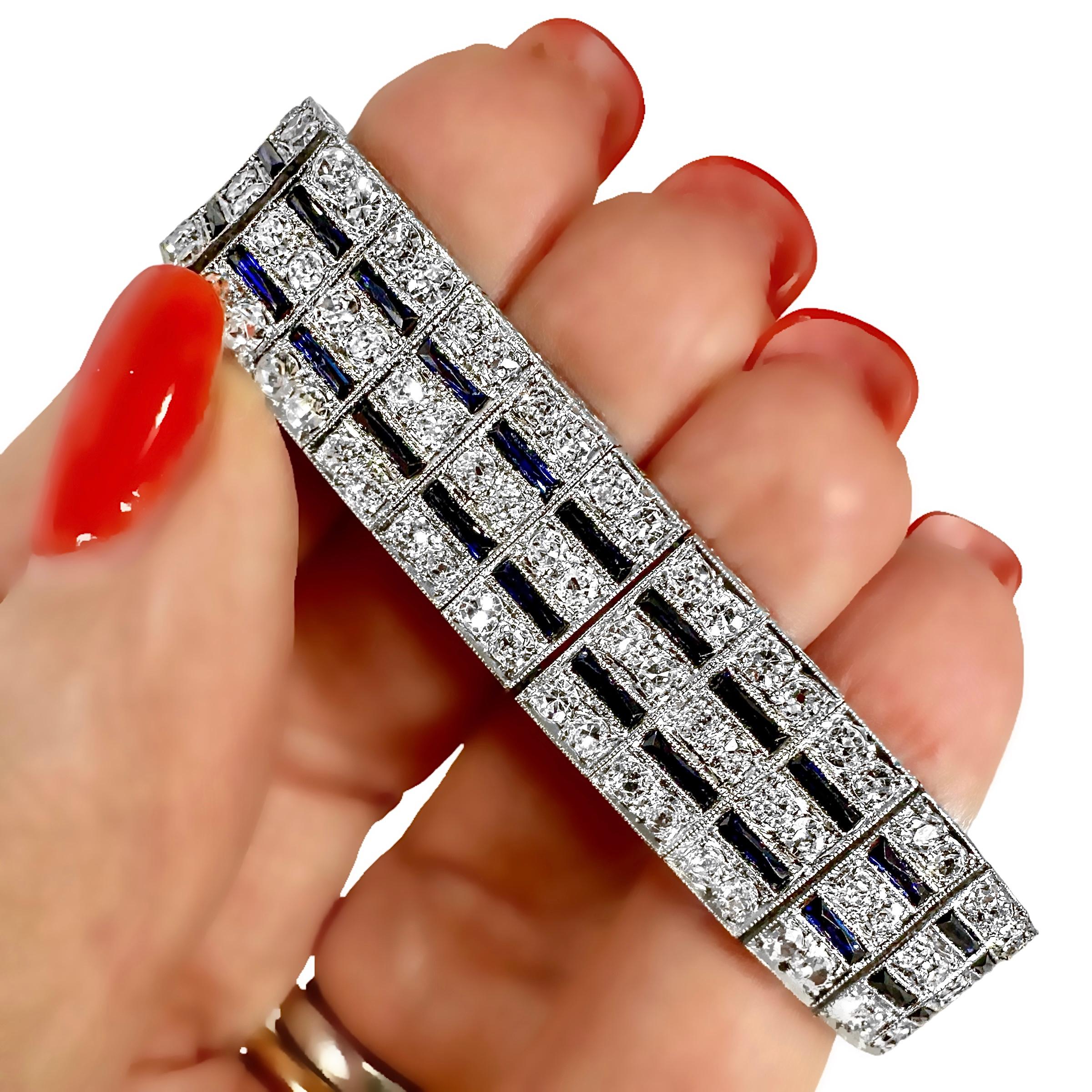 Women's Classic Art-Deco Platinum, Diamond and Synthetic Sapphire Bracelet 1/2 Inch Wide For Sale
