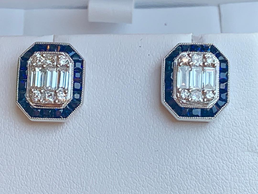 Classic Art Deco Style Diamond and Sapphire Earrings in 18 Karat White Gold In Excellent Condition In Tustin, CA