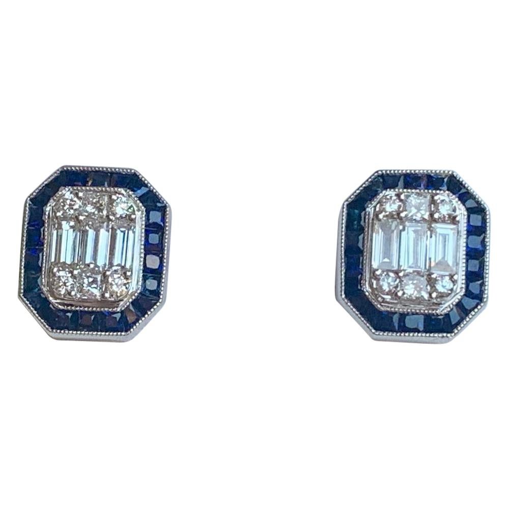 Classic Art Deco Style Diamond and Sapphire Earrings in 18 Karat White Gold