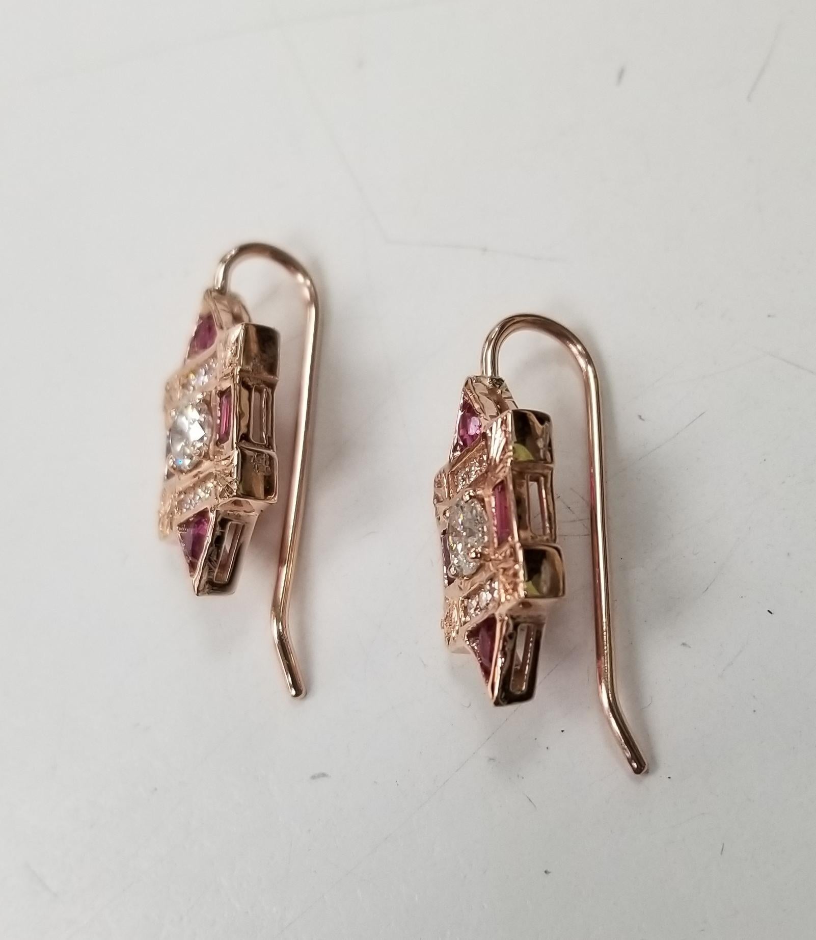 Retro Classic Art Deco Style Inspired Earrings w/ Diamonds and Rubies in 14k Rose Gold