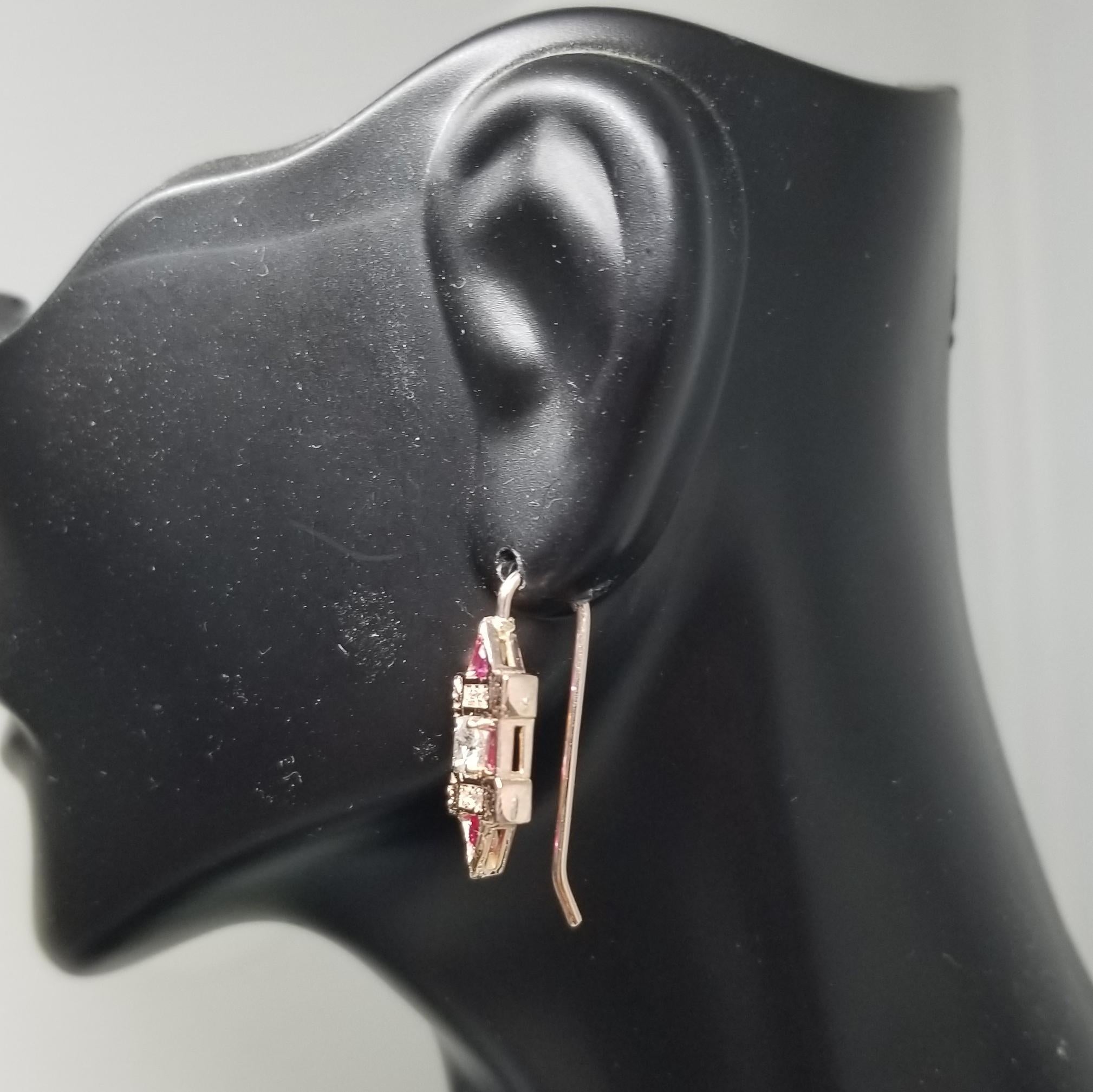 Women's or Men's Classic Art Deco Style Inspired Earrings w/ Diamonds and Rubies in 14k Rose Gold