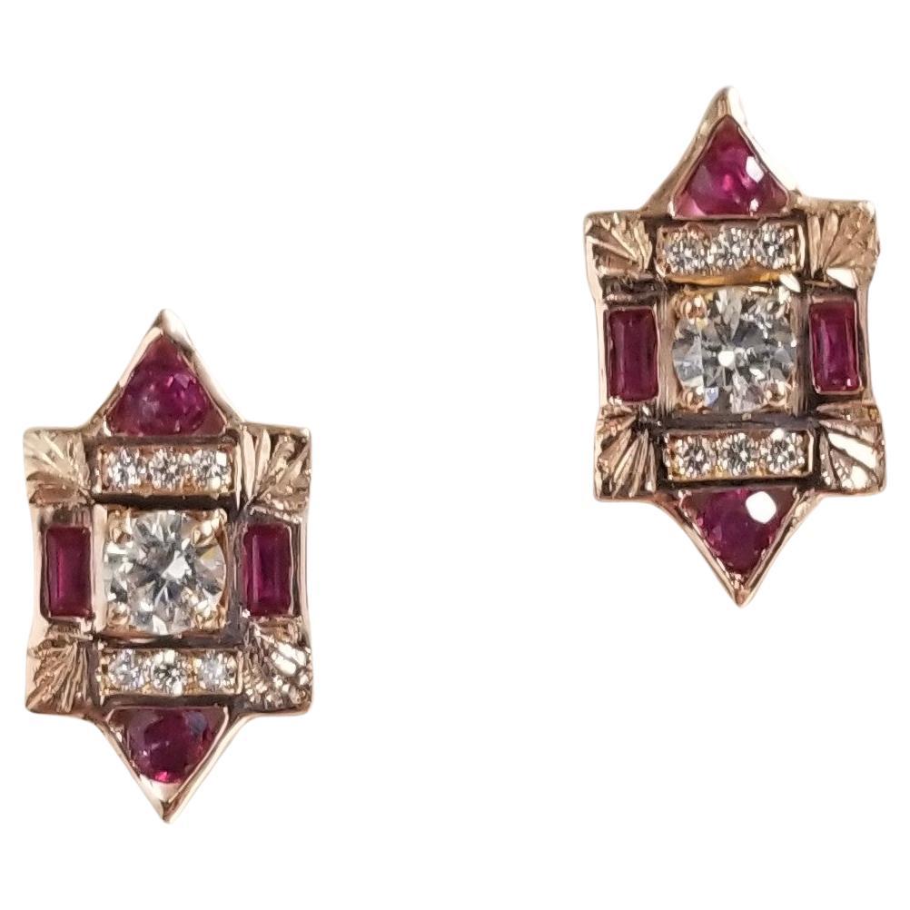 Orecchini classici in stile Art Deco con diamanti e rubini in oro rosa 14 carati in vendita
