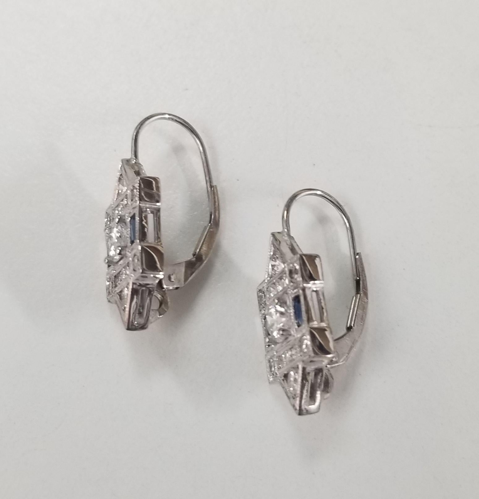 Retro Classic Art Deco Style Inspired Earrings with Beautiful Diamonds and Sapphire S For Sale