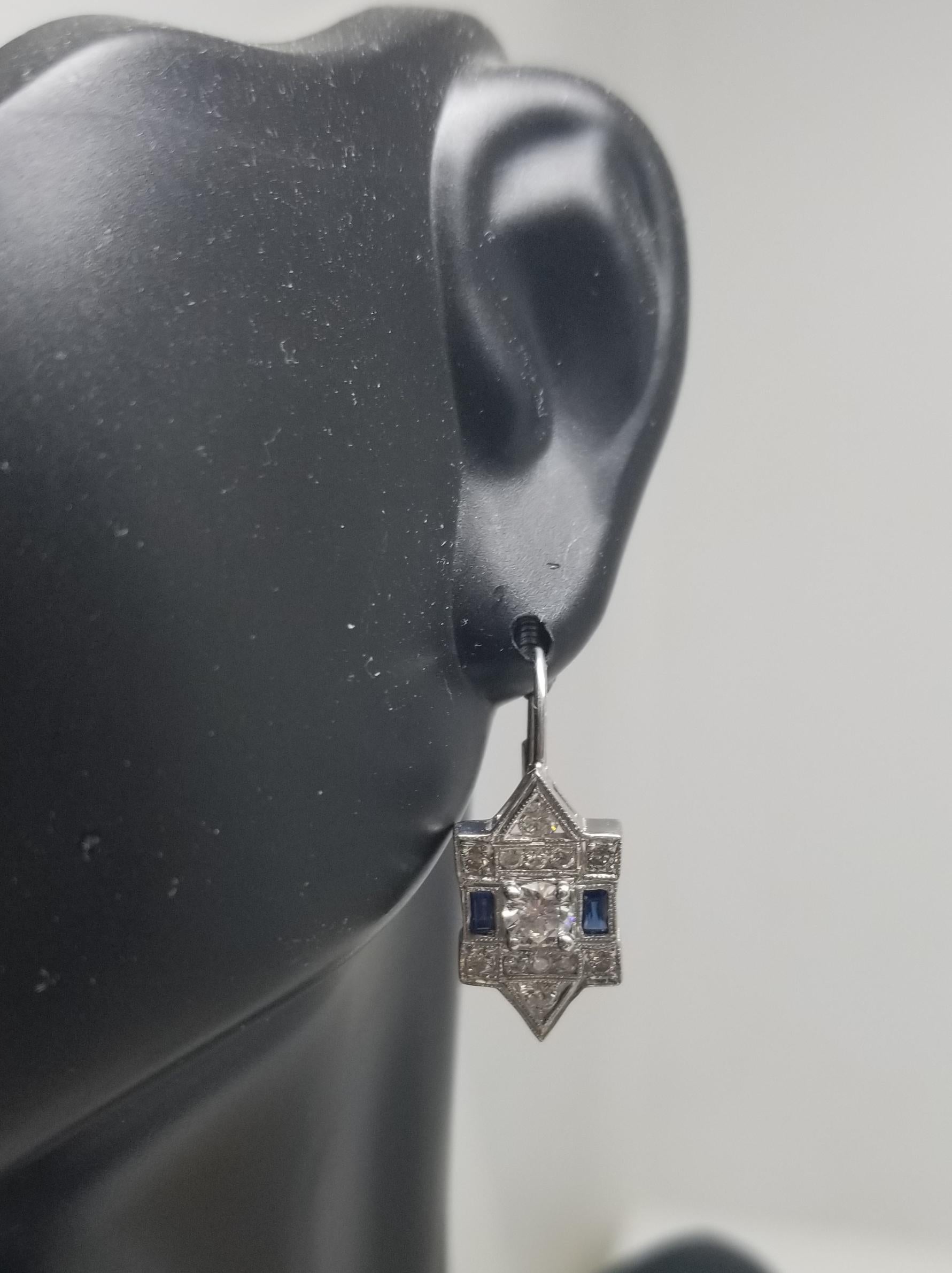 Women's or Men's Classic Art Deco Style Inspired Earrings with Beautiful Diamonds and Sapphire S For Sale
